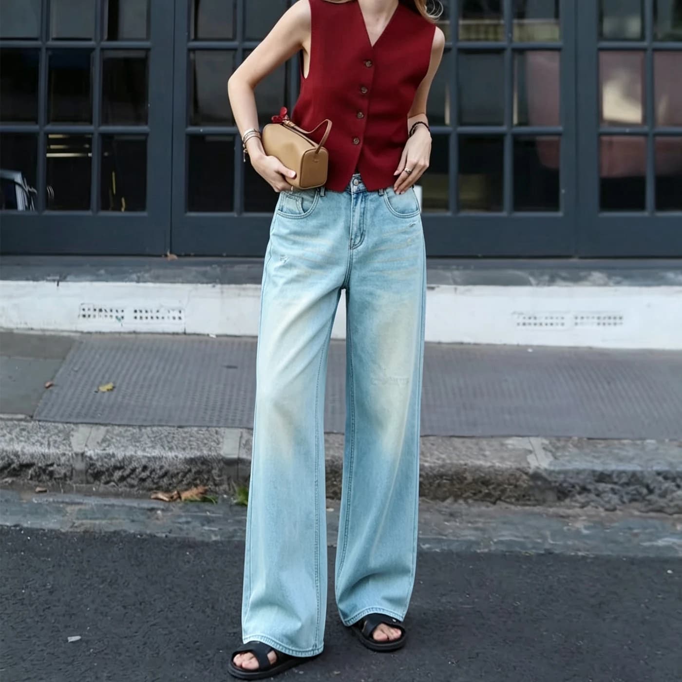 Women's Non-Stretch Wide Leg Jeans High Waist Vintage Denim Pants