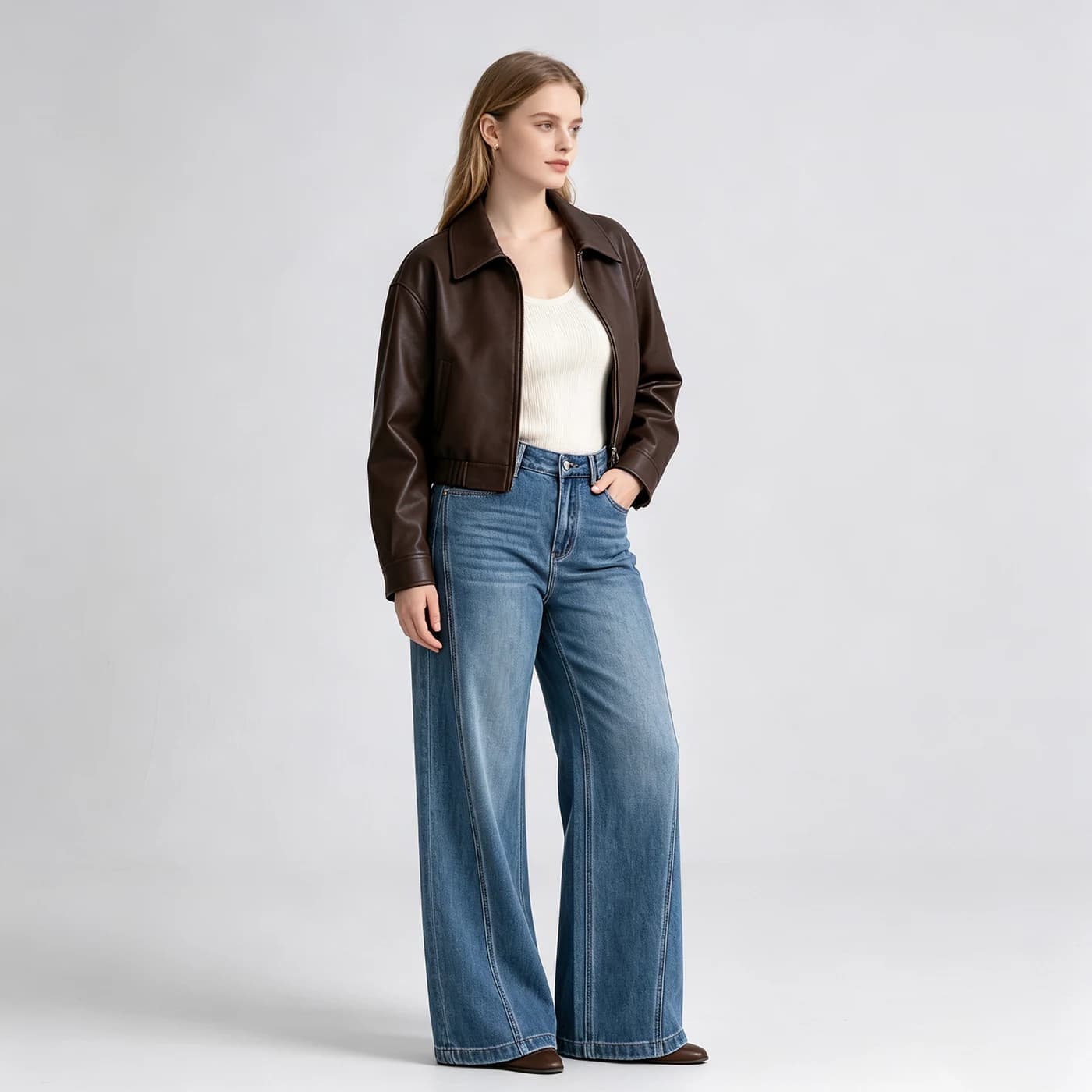 Women's Stretch Straight Leg Jeans Blue Loose Denim Pants