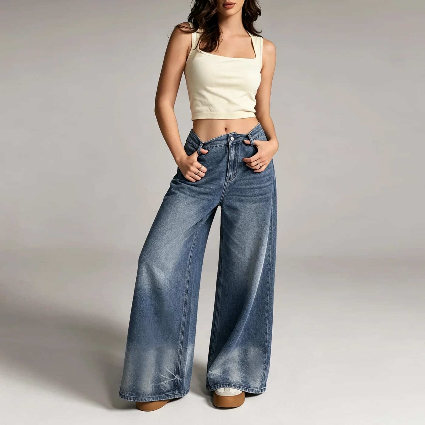 Non-Stretch Wide Leg High Waist Jeans — supplier product photo