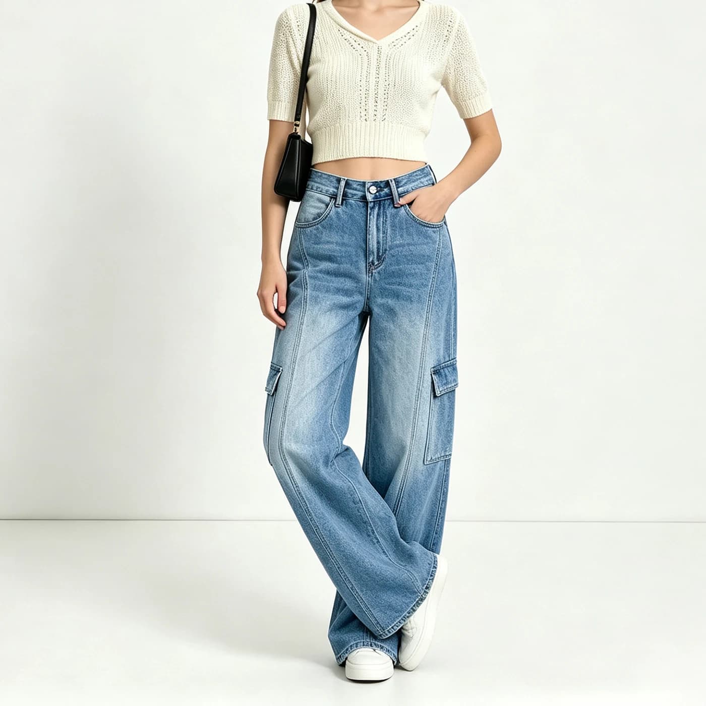 Women's Non-Stretch Cargo Jeans High Waist Textured Denim Pants