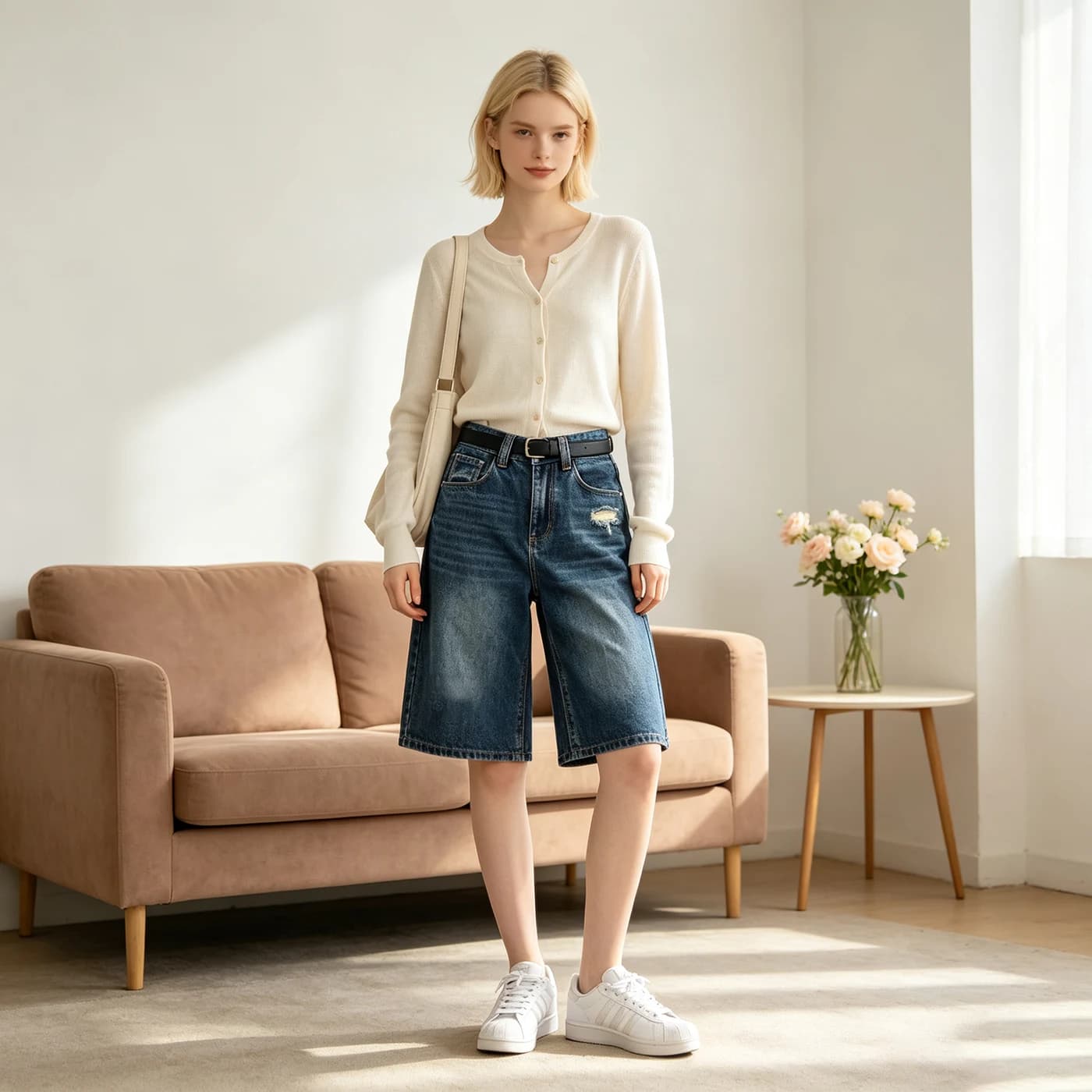 Non-Stretch High Waist Slim Fit Washed Denim Bermuda Shorts — supplier product photo