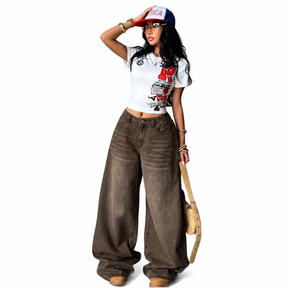 Women's Stretch Wide Leg High Waist Textured Jeans — supplier product photo