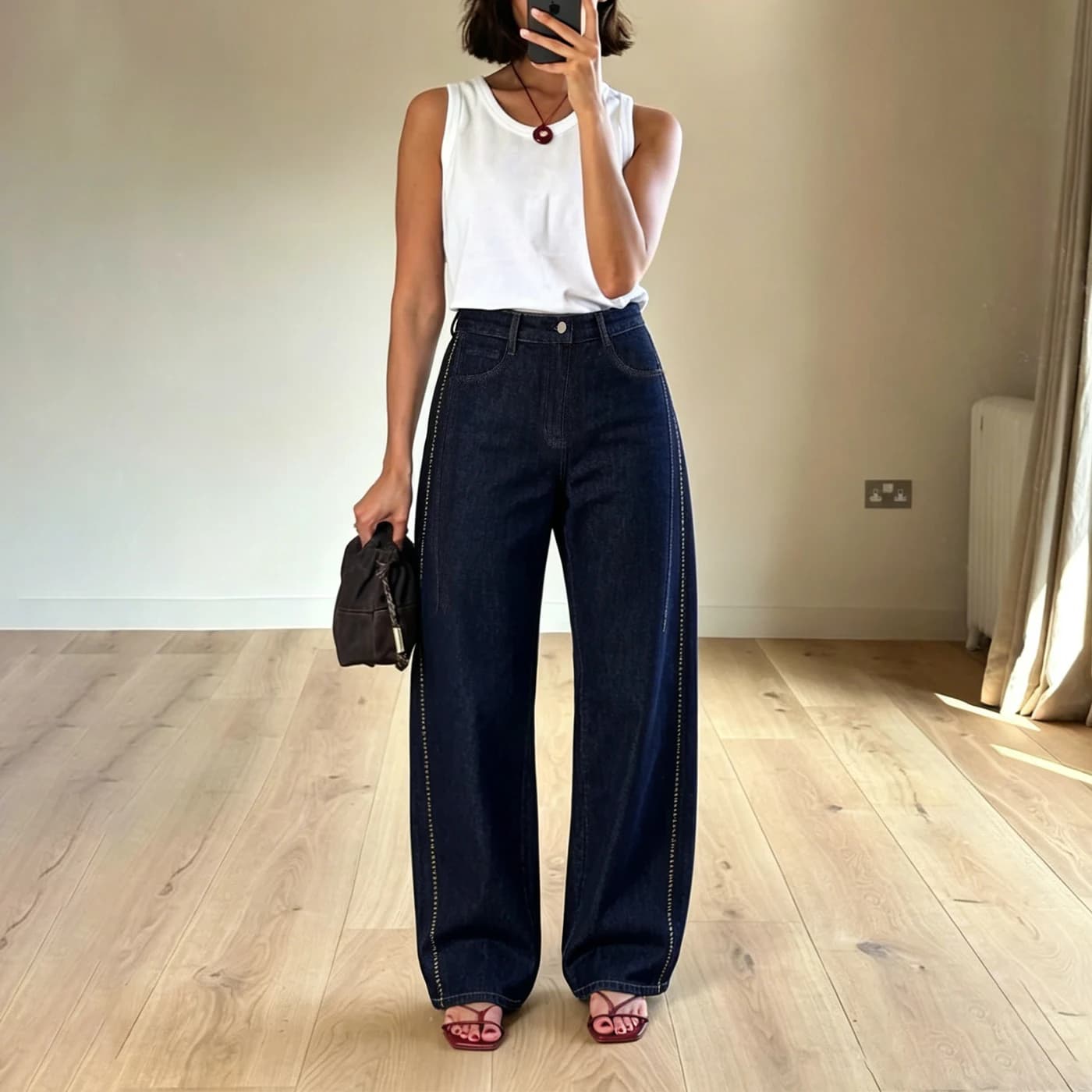 Women's Stretch Curved Banana Jeans High Waist Denim Blue Long Trousers