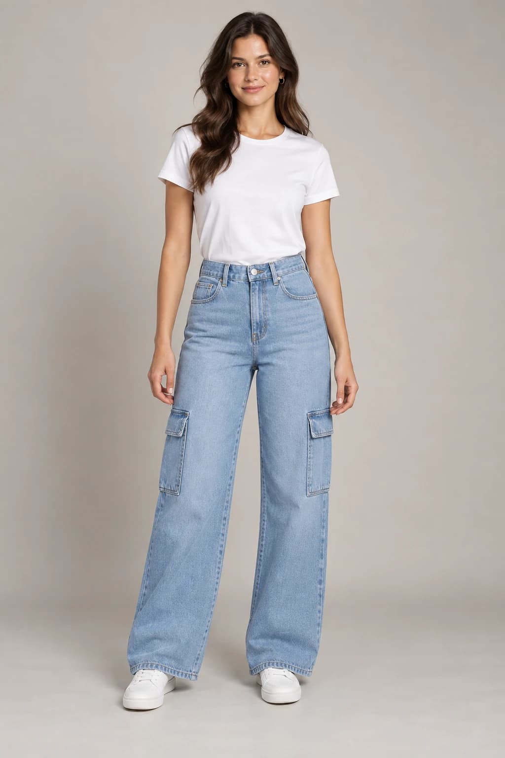 AI-generated front model view of women’s high-rise cargo wide-leg jeans in light blue