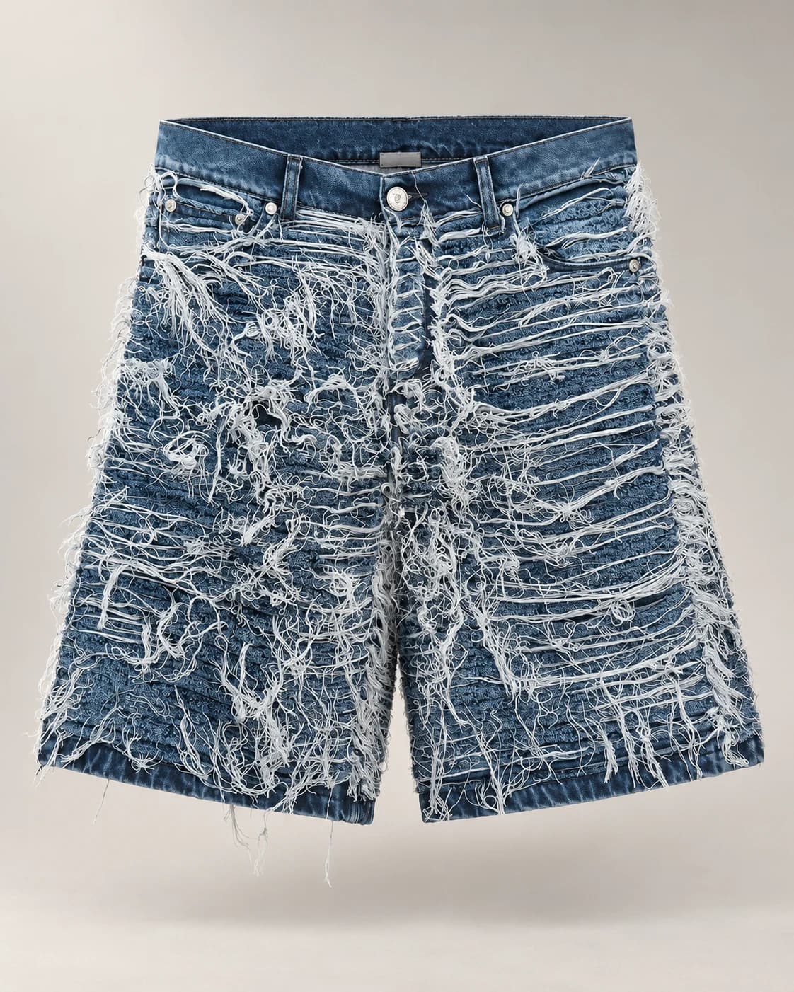 Blue Shredded Thread Denim Shorts · AI custom design visualization