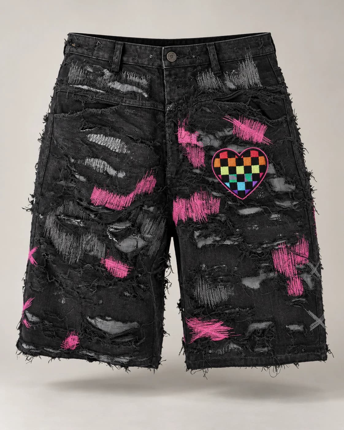 Black Pink Distressed Patchwork Shorts · AI custom design visualization