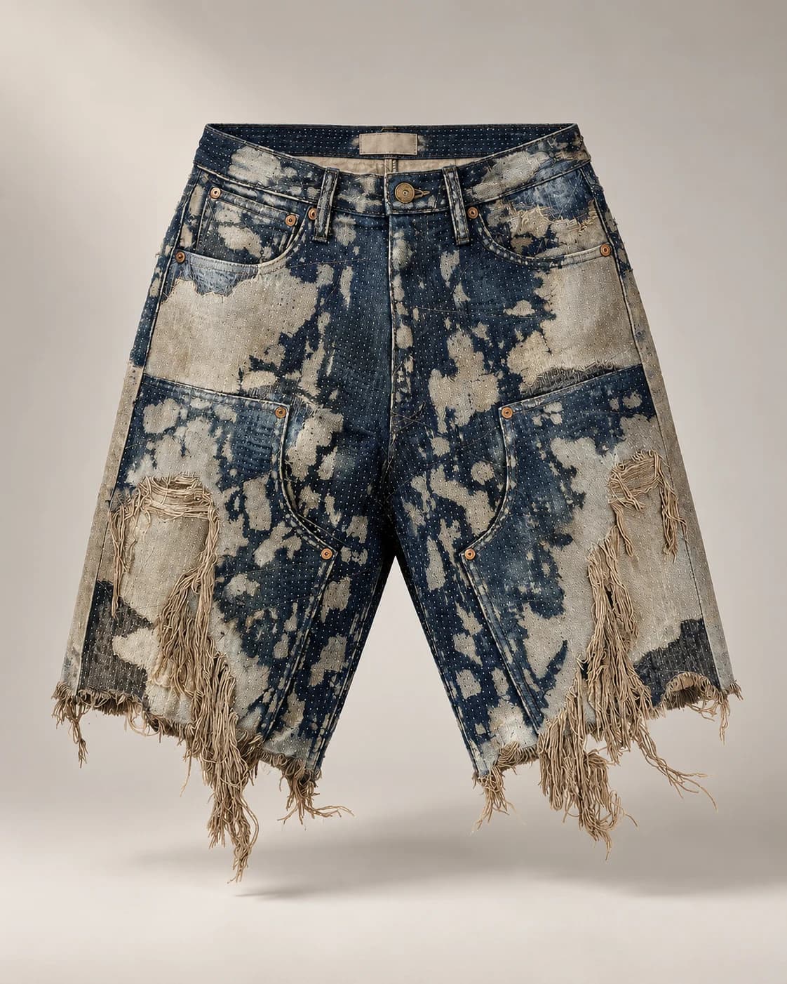 Indigo Bleached Geometric Stitch Shorts — AI design reference 1