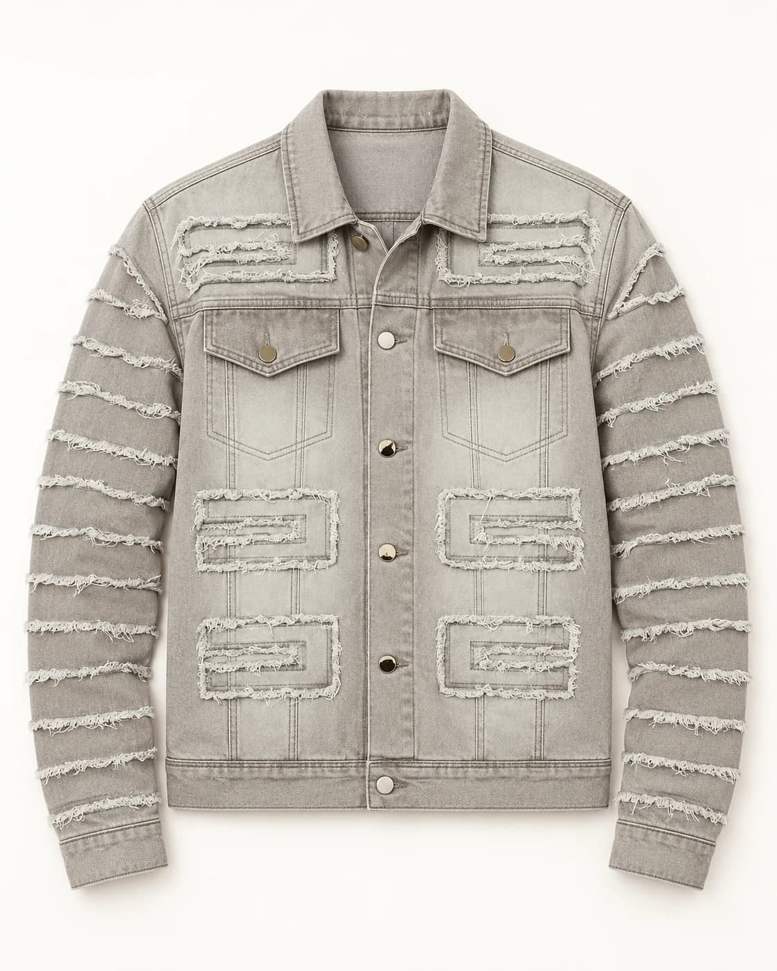 Sand Grey Geometric Frayed Denim Jacket — AI design reference 1