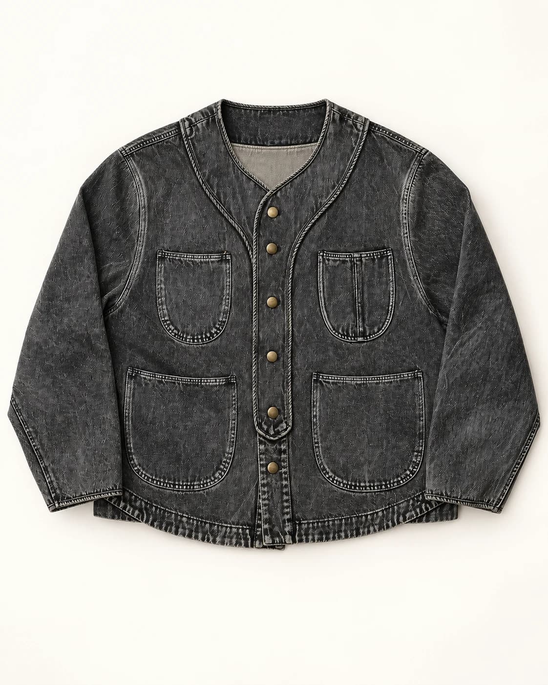 Charcoal Collarless Four-Pocket Denim Jacket — AI design reference 1