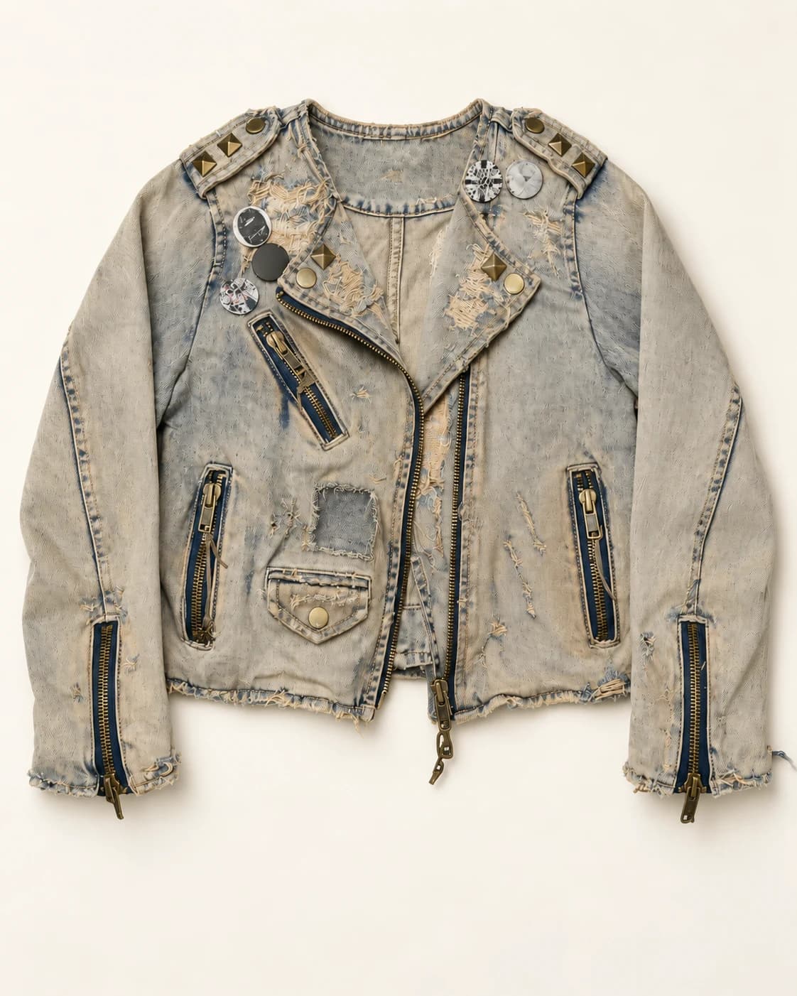 Sand Grey Studded Denim Biker Jacket — AI design reference 1