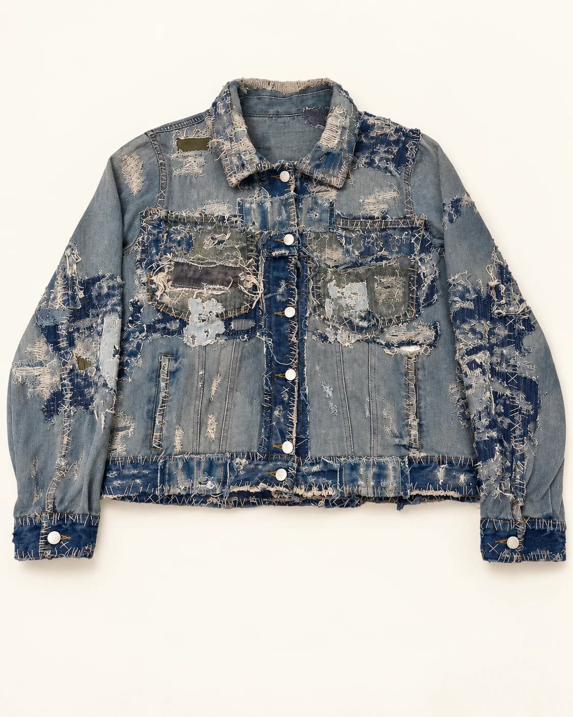 Grey Blue Distressed Patchwork Denim Jacket — AI design reference 1