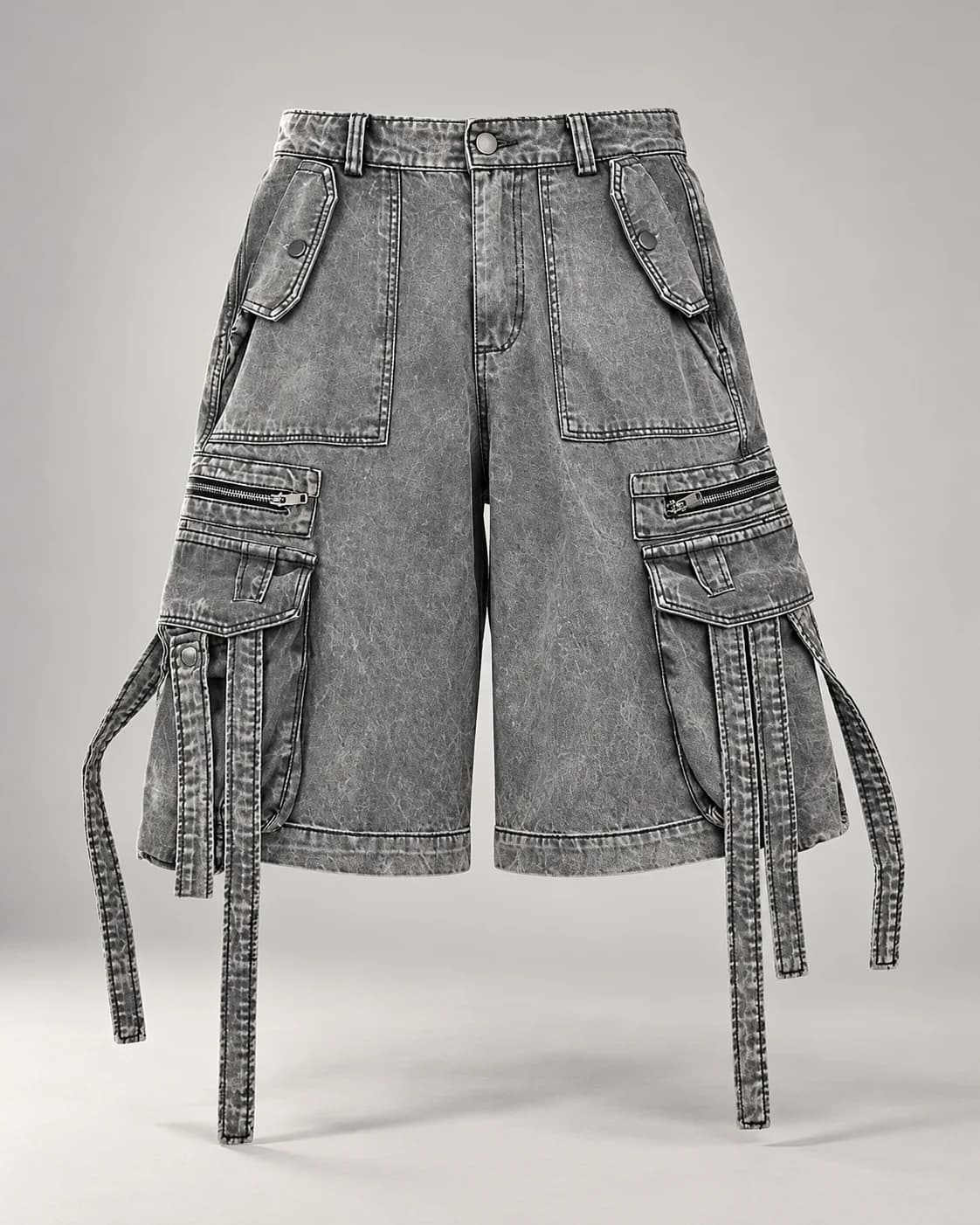 Grey Strap Multi-Pocket Cargo Shorts — AI design reference 1