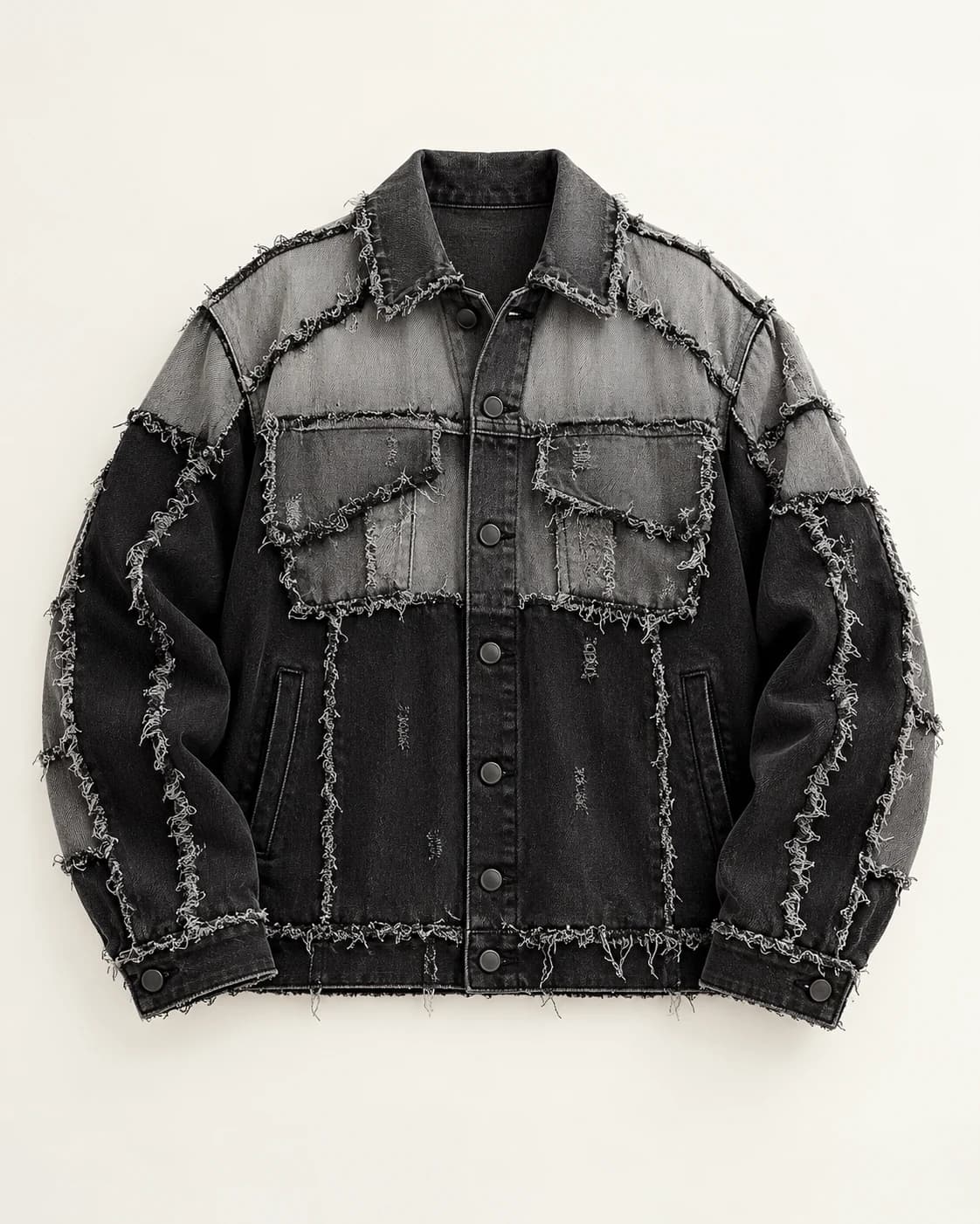 Black and Grey Frayed Panel Denim Jacket — AI design reference 1