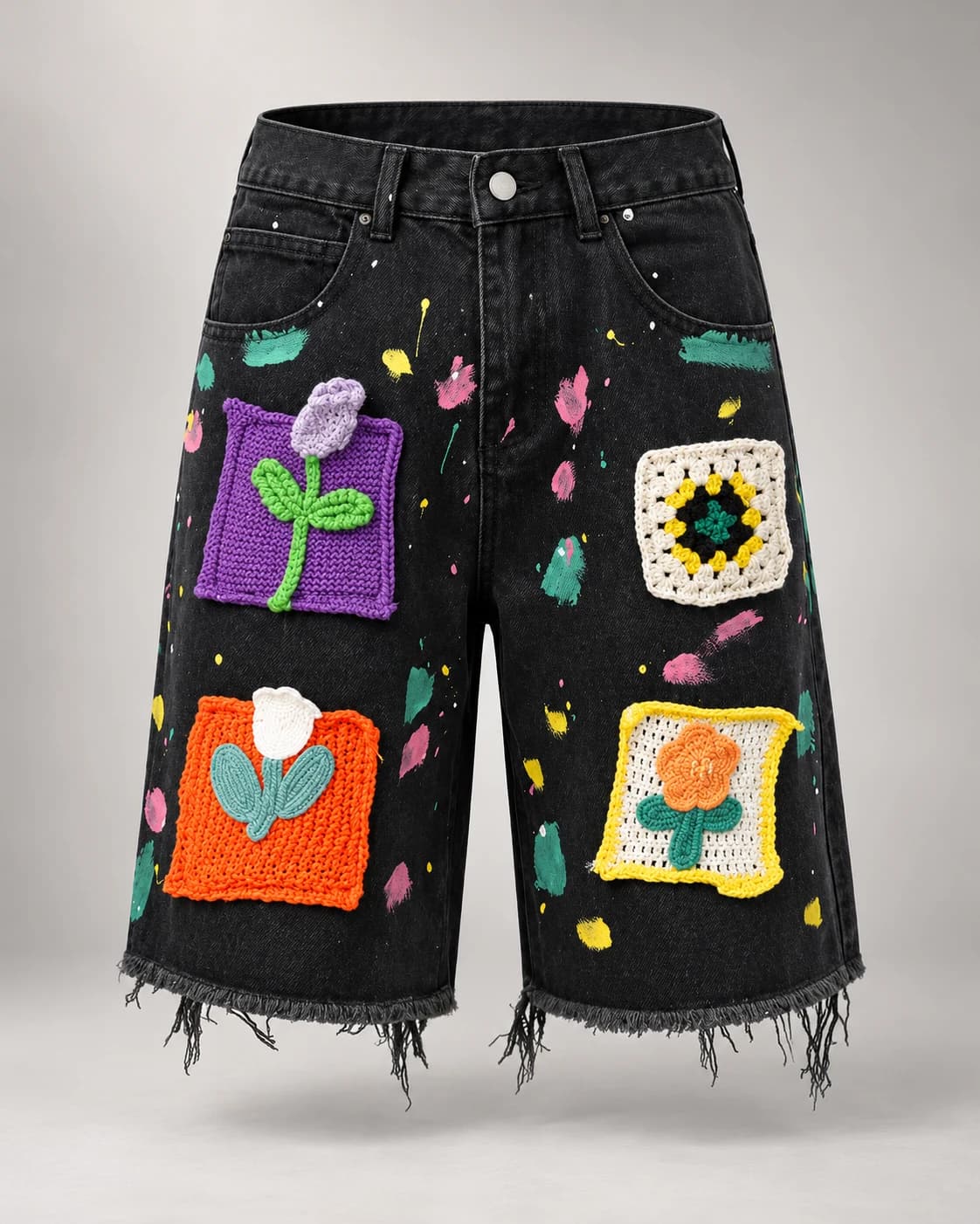 Black Floral Patch Denim Shorts — AI design reference 1