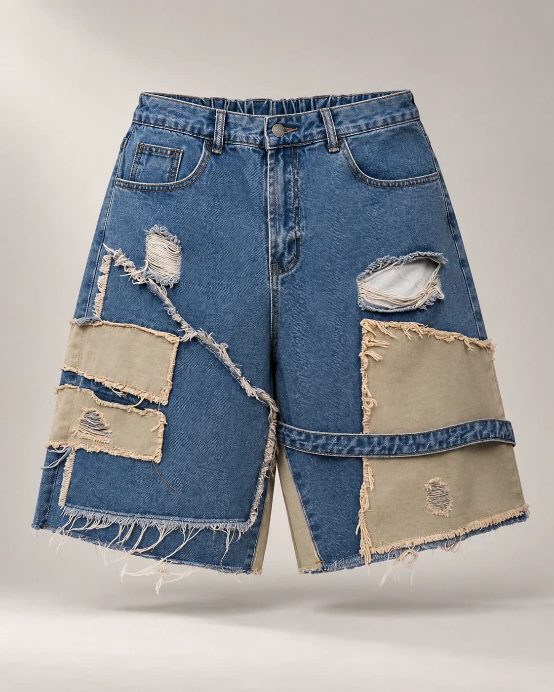 Blue Khaki Patchwork Denim Shorts — AI design reference 1