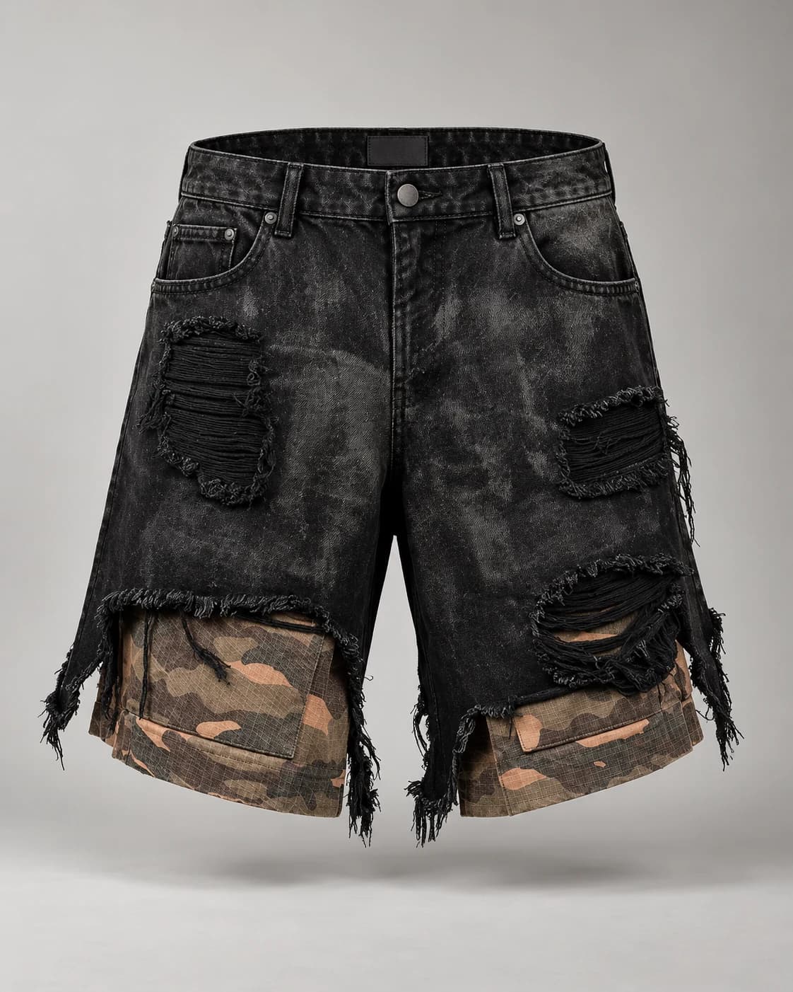 Black Camo Layer Distressed Shorts — AI design reference 1