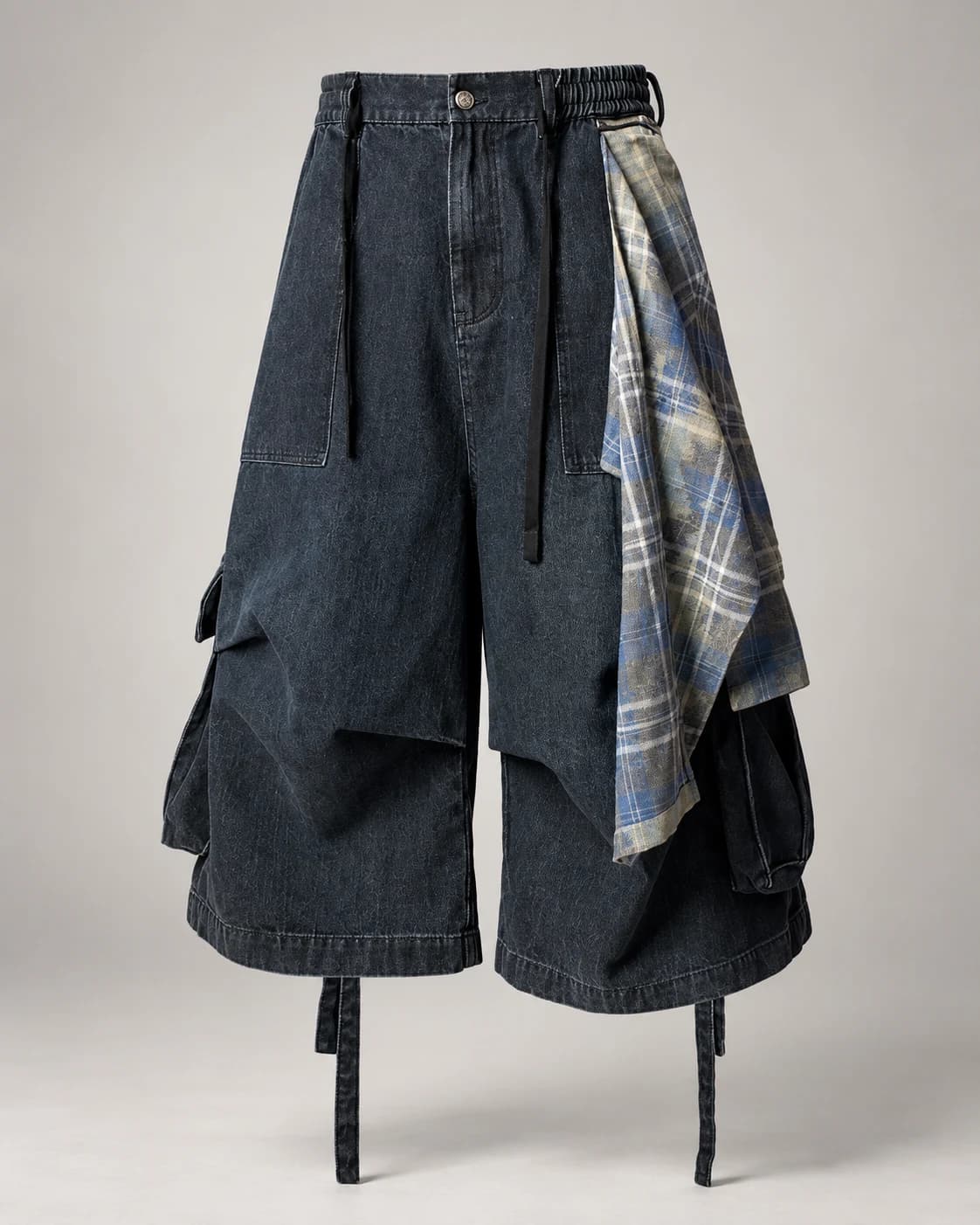 Deconstructed Plaid Panel Denim Shorts · AI custom design visualization