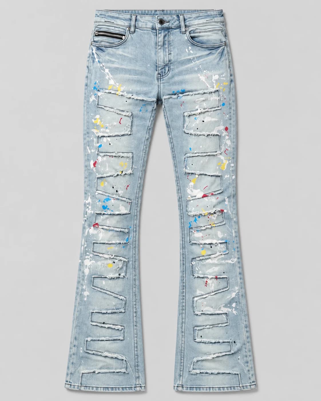 Light Wash Painted Geometric Panel Flared Jeans · AI custom design visualization