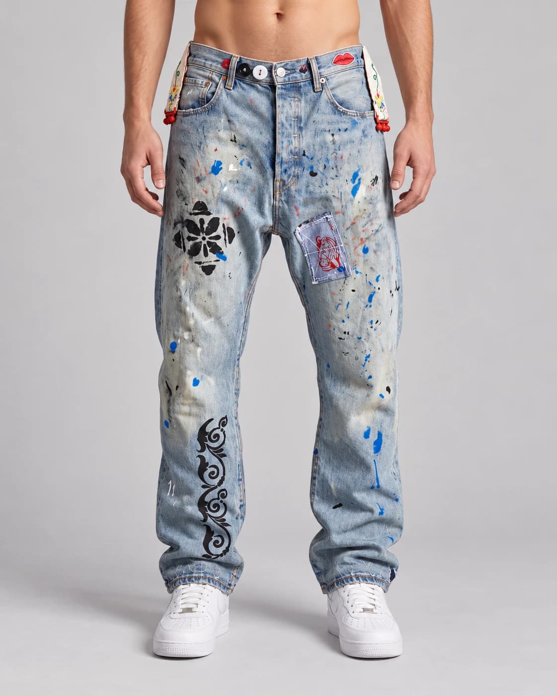 Painted Patchwork Drop-Crotch Jeans — AI design reference 1