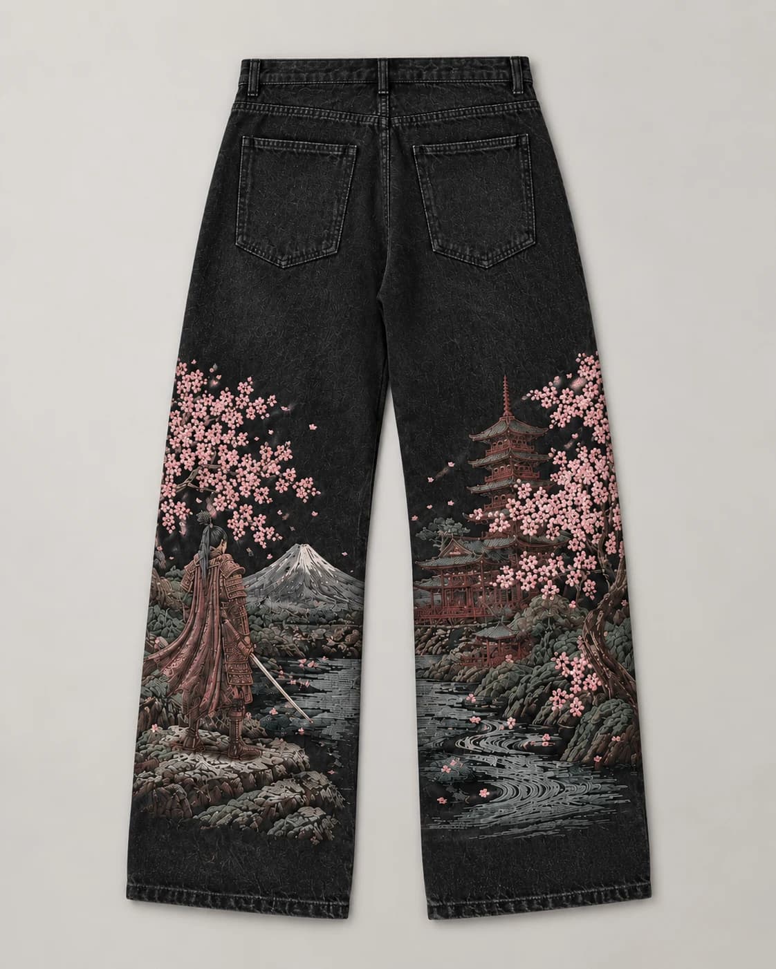 Black Landscape-Embroidered Baggy Jeans · AI custom design visualization