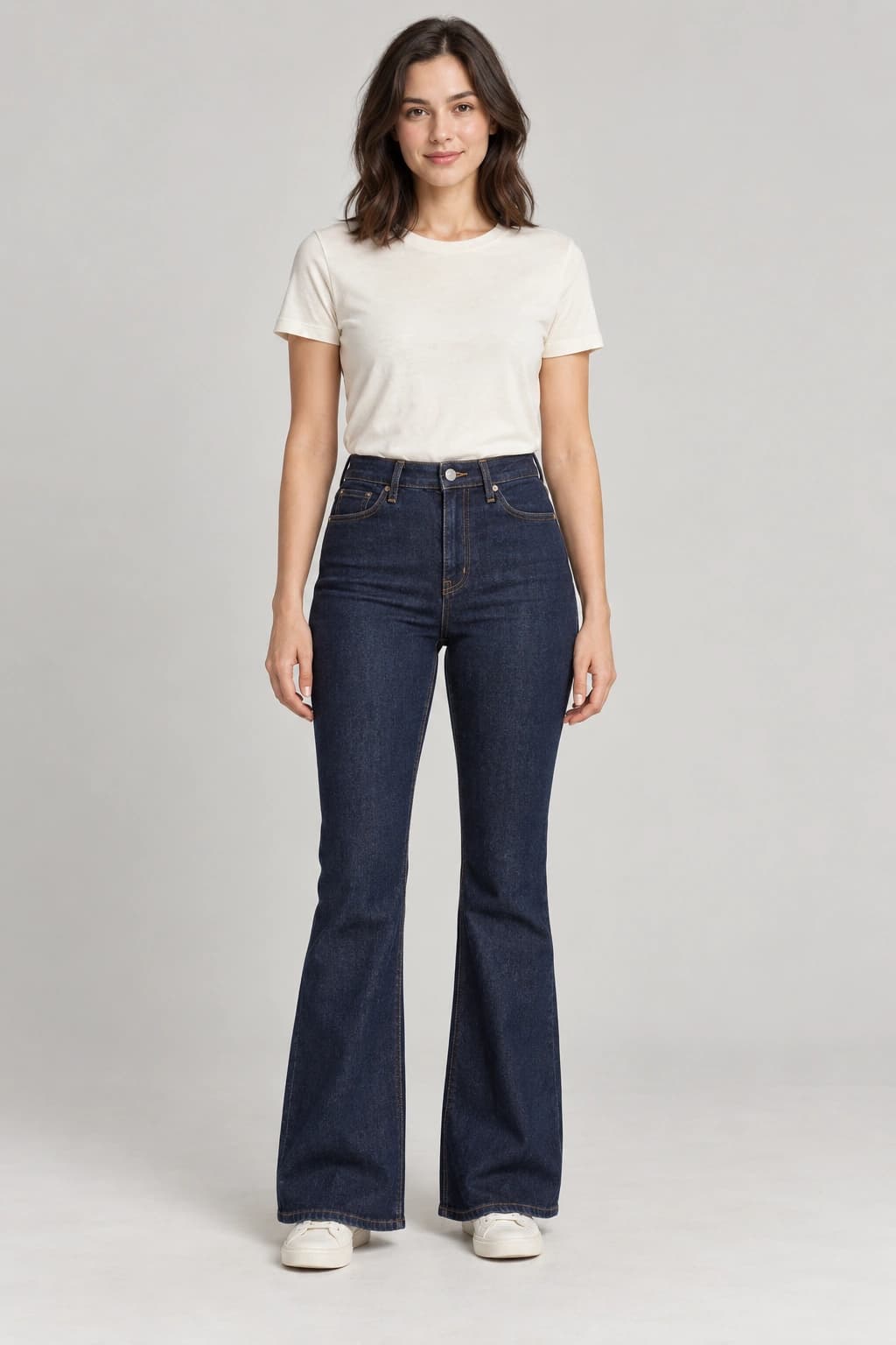 AI-generated front model view of women’s high-rise flare jeans in dark indigo