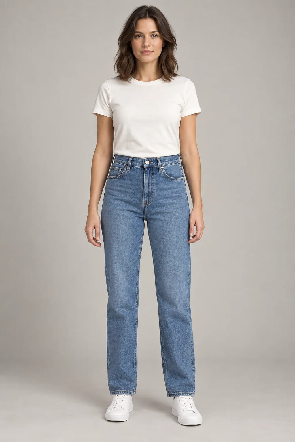 AI-generated front model view of women’s high-rise straight-leg jeans in medium blue
