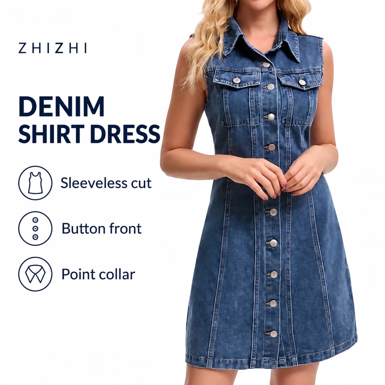 Medium Blue Sleeveless Denim Shirt Dress — Sleeveless cut, Button front, Point collar; AI-composed catalog presentation