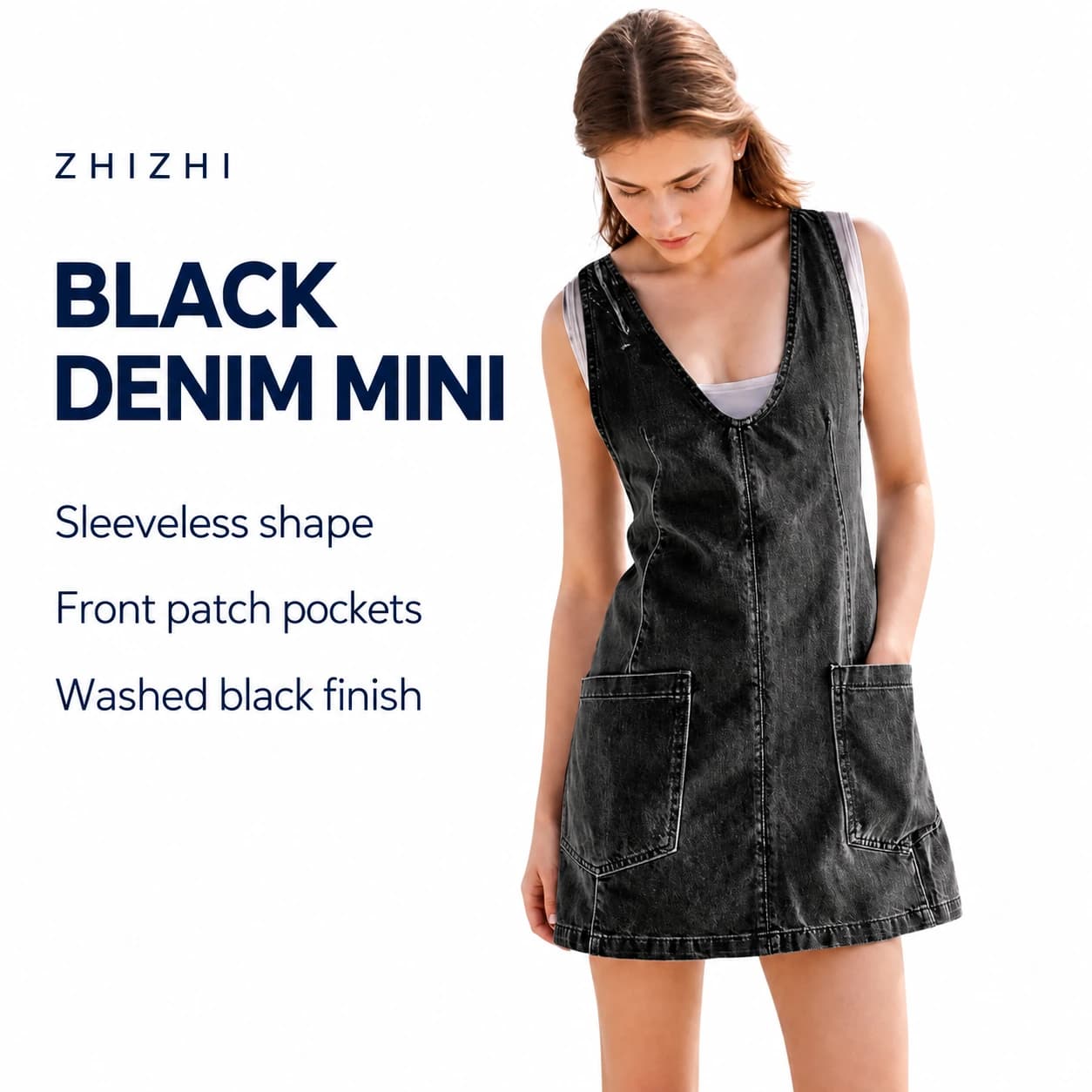 Washed Black Denim Pinafore Mini Dress — Sleeveless shape, Front patch pockets, Washed black finish; AI-composed catalog presentation