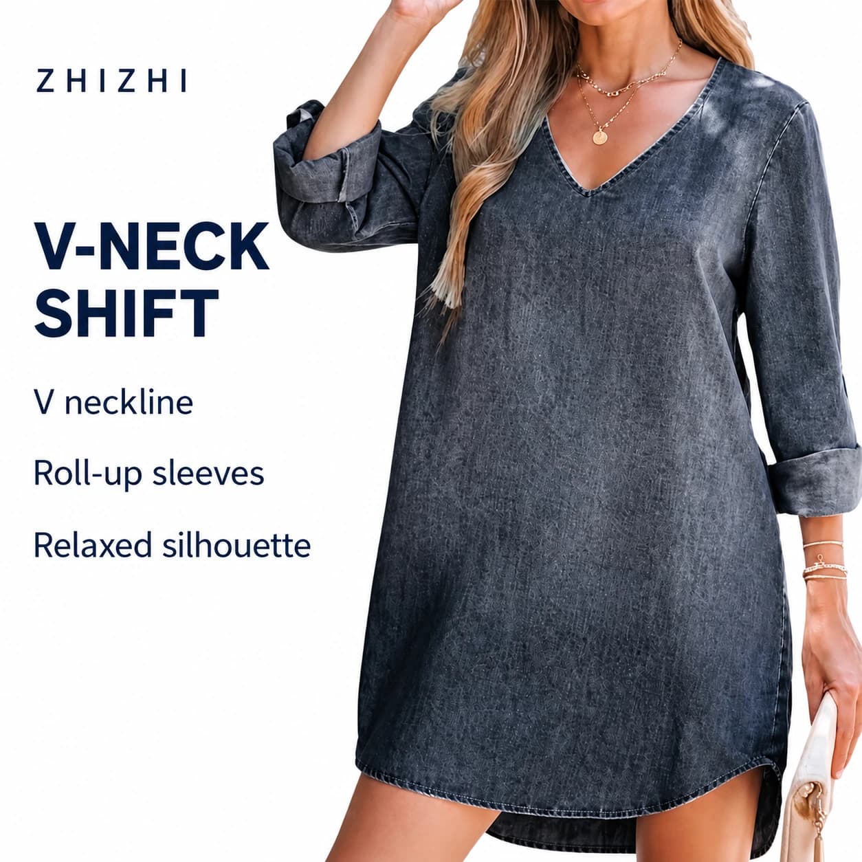 Dark-Wash V-Neck Denim Shift Dress — V neckline, Roll-up sleeves, Relaxed silhouette; AI-composed catalog presentation