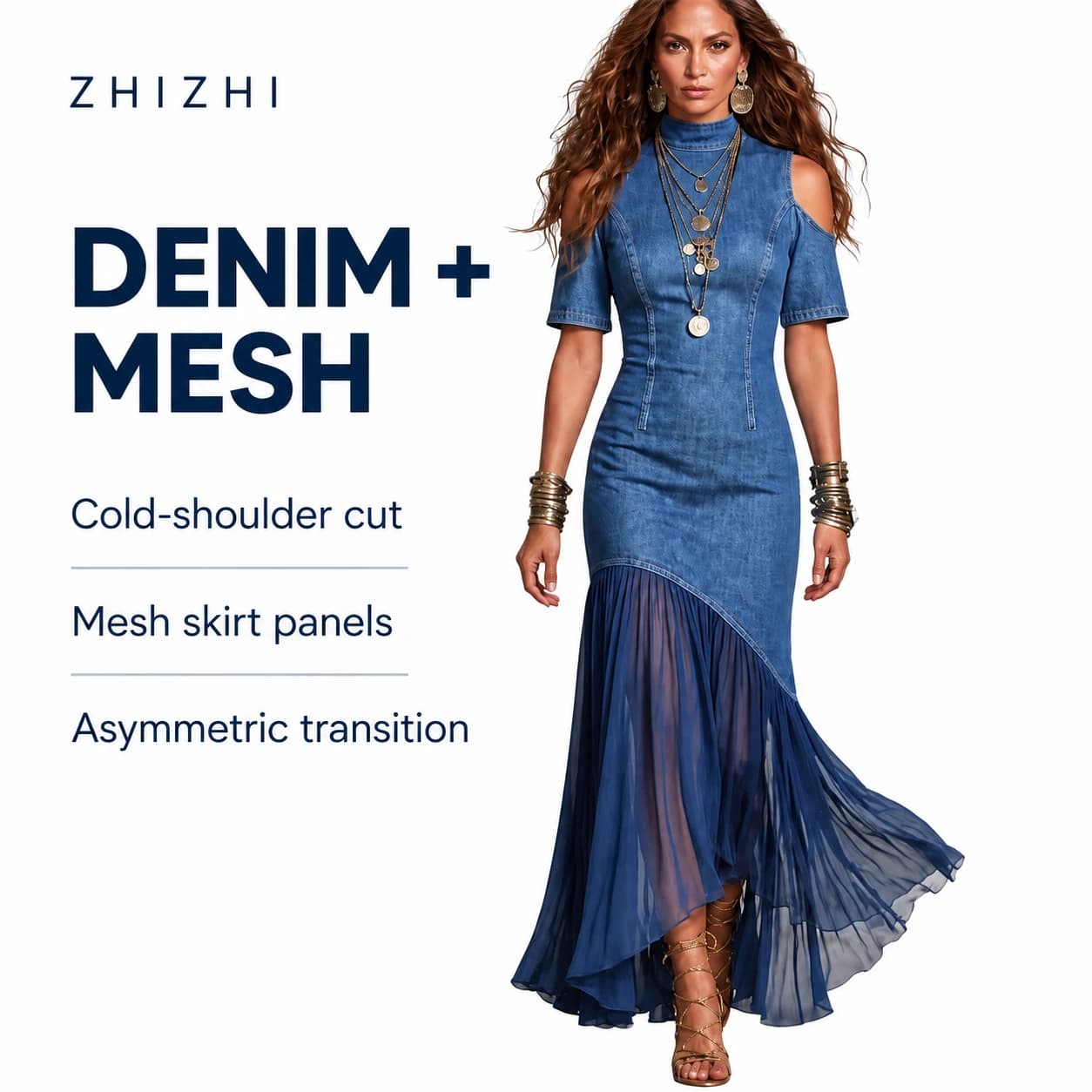 Denim and Mesh Cold-Shoulder Maxi Dress — Cold-shoulder cut, Mesh skirt panels, Asymmetric transition; AI-composed catalog presentation