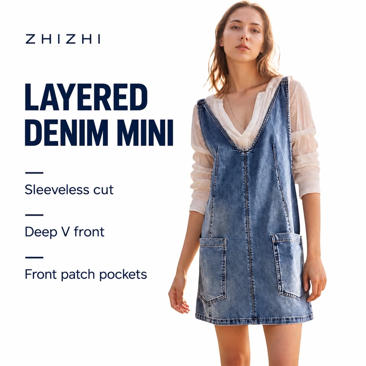 Blue Denim Pinafore Mini Dress — Sleeveless cut, Deep V front, Front patch pockets; AI-composed catalog presentation