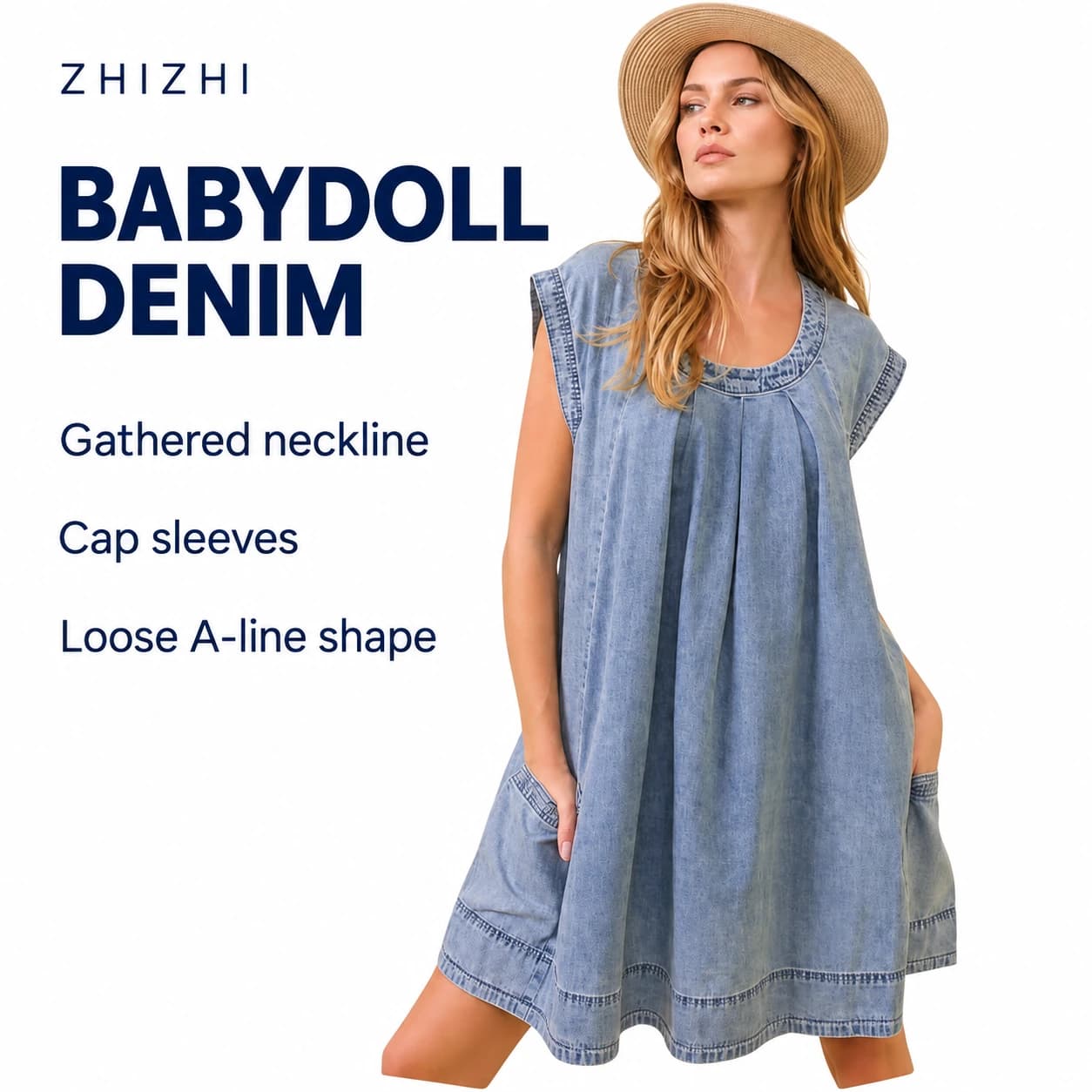 Light Blue Cap-Sleeve Babydoll Dress — Gathered neckline, Cap sleeves, Loose A-line shape; AI-composed catalog presentation