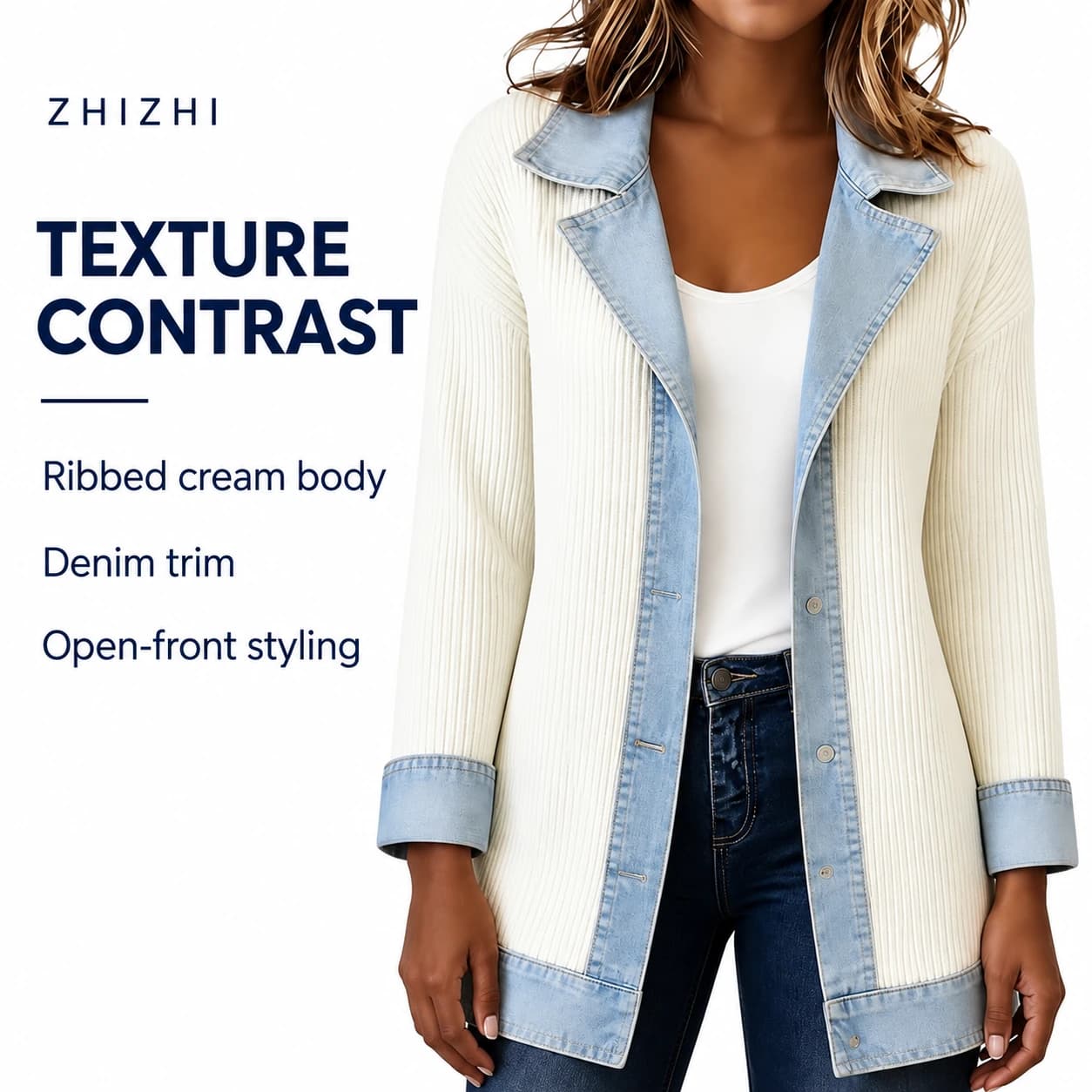 Cream Ribbed Jacket with Denim Trim — Ribbed cream body, Denim trim, Open-front styling; AI-composed catalog presentation