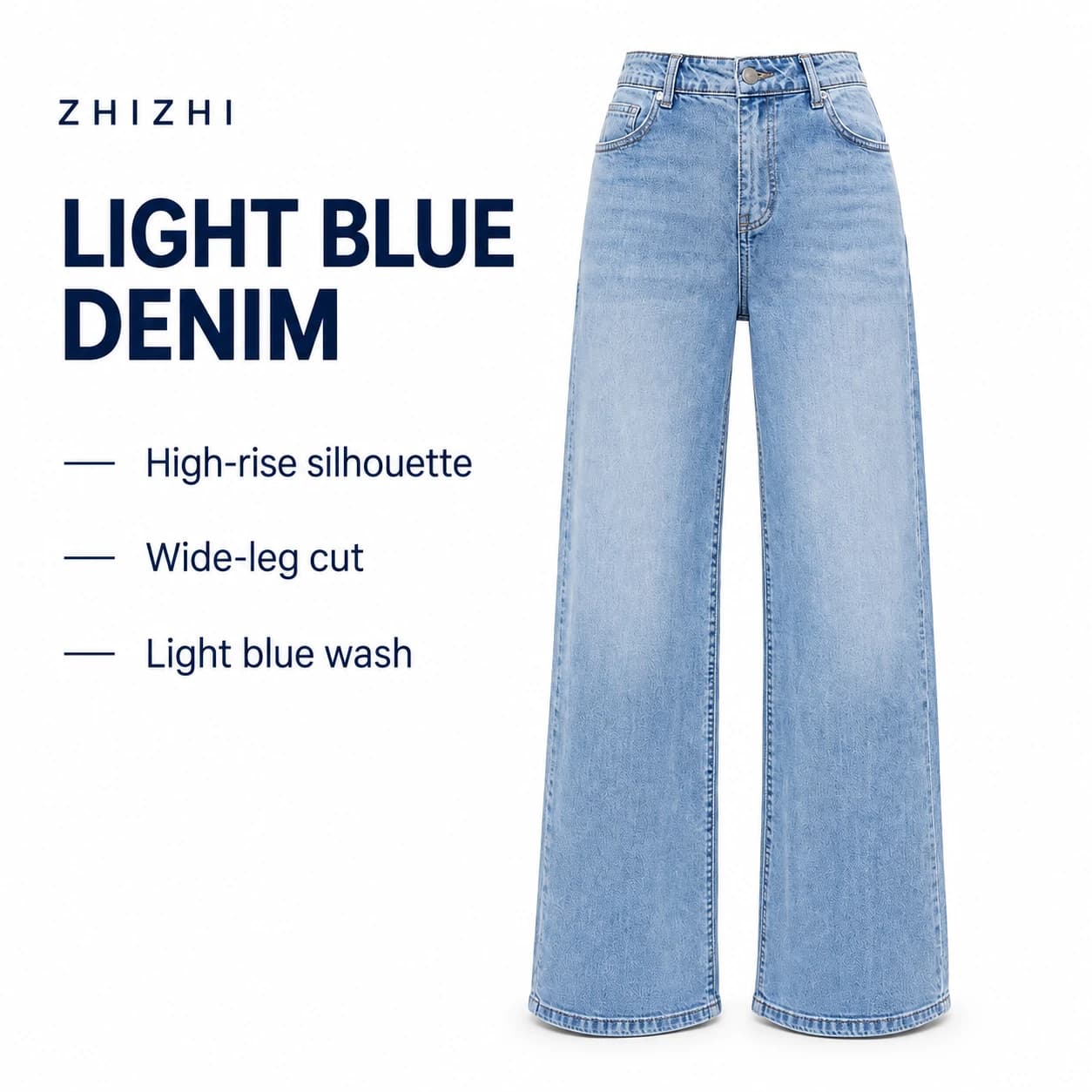 Light Blue High-Rise Wide-Leg Jeans — High-rise silhouette, Wide-leg cut, Light blue wash; AI-composed catalog presentation