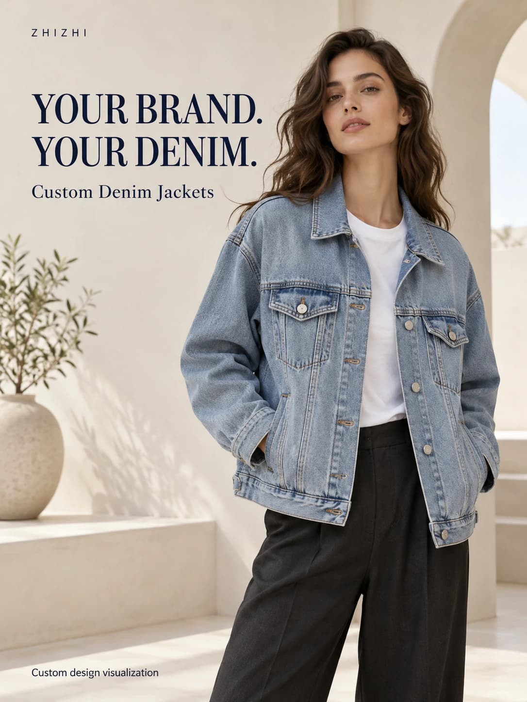 ZHIZHI light-blue washed women denim jacket custom design visualization with Your Brand Your Denim advertising