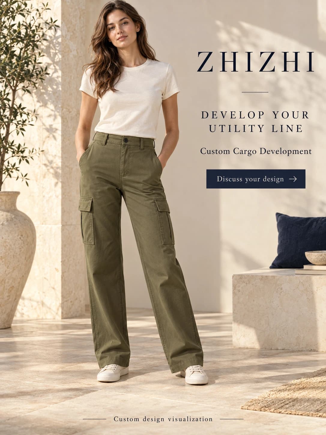 Concept de pantalon cargo femme droit en sergé personnalisé · AI custom design visualization