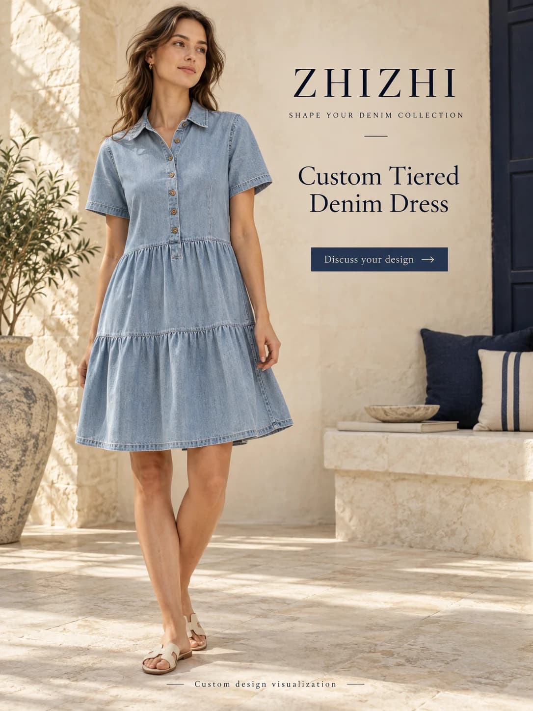 Robe chemise en jean à volants et manches courtes à personnaliser · AI custom design visualization