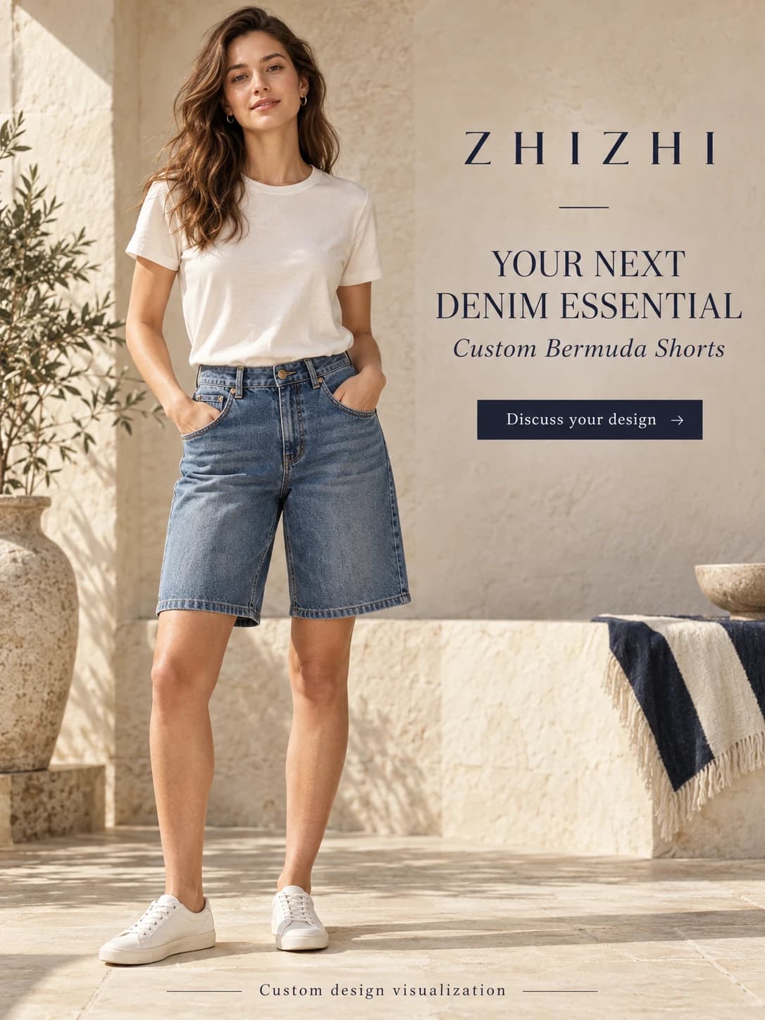 Medium-blue high-waist Bermuda denim shorts: ZHIZHI custom Bermuda shorts campaign — custom design visualization