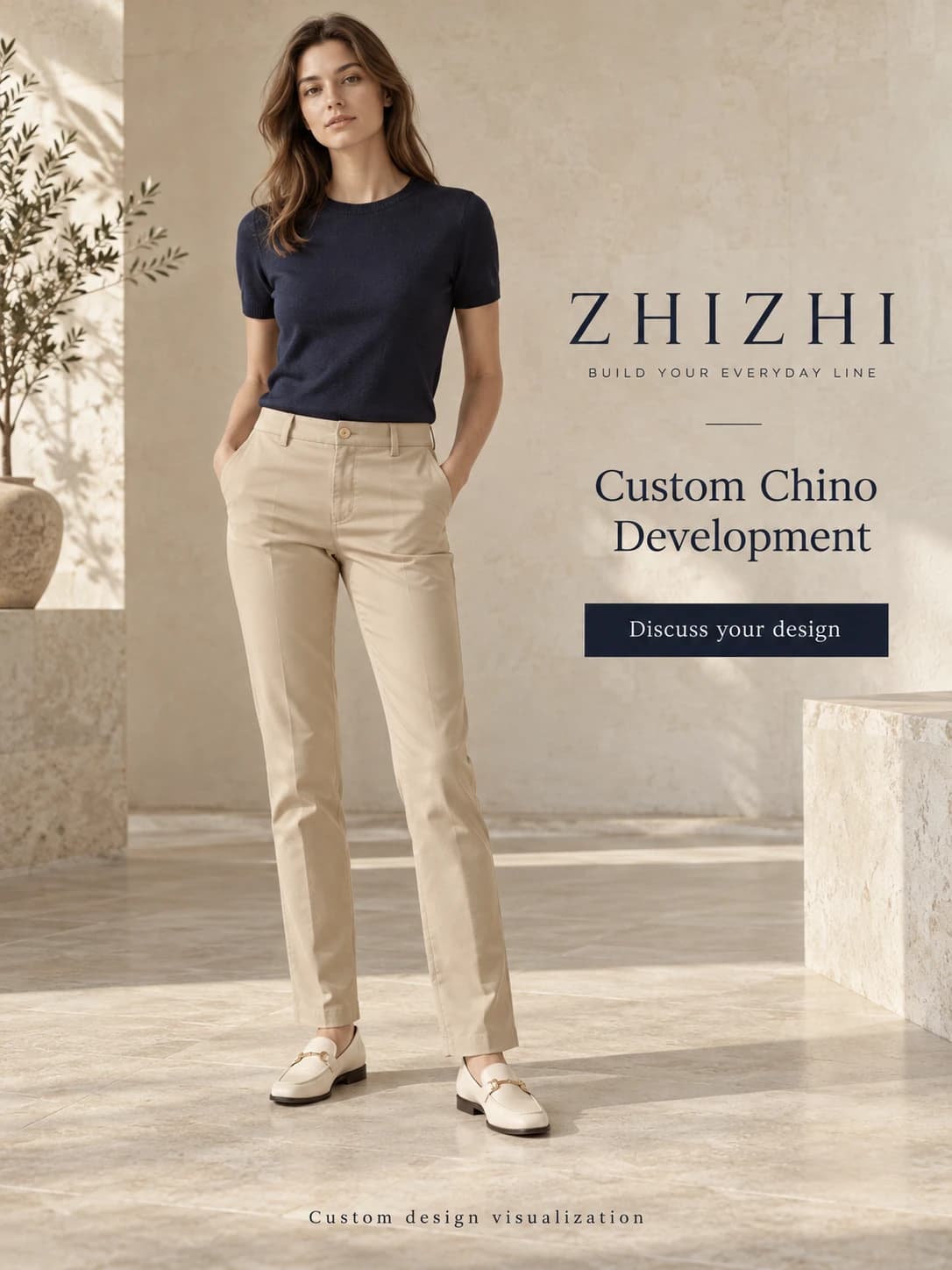 Chino femme droit en sergé à personnaliser · AI custom design visualization