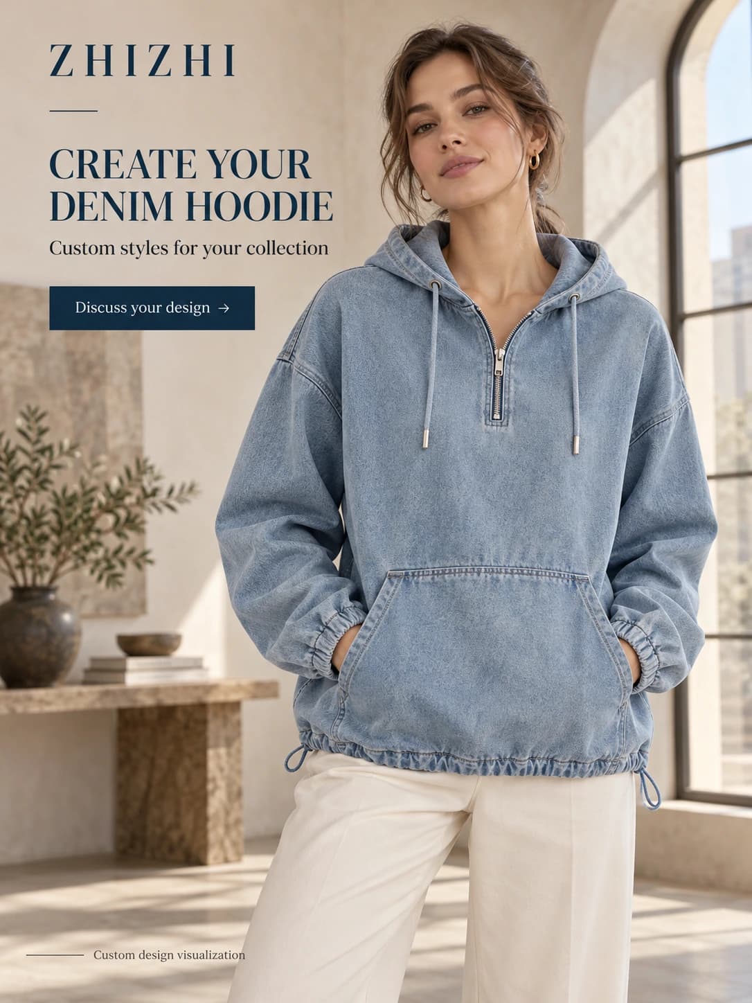 Custom Women’s Light-Blue Half-Zip Denim Hoodie · AI custom design visualization