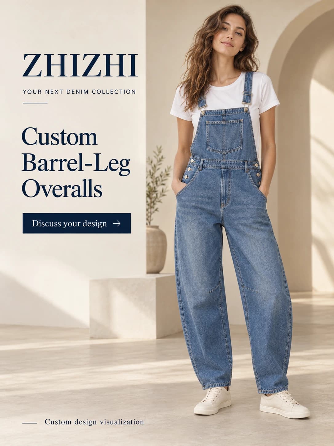 Salopette femme en denim bleu à jambes barrel à développer sur mesure · AI custom design visualization