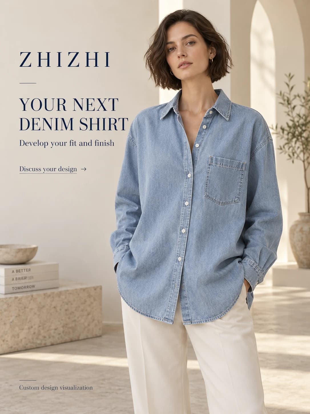 Women's Light Blue Oversized Single-Pocket Denim Shirt Development · AI custom design visualization