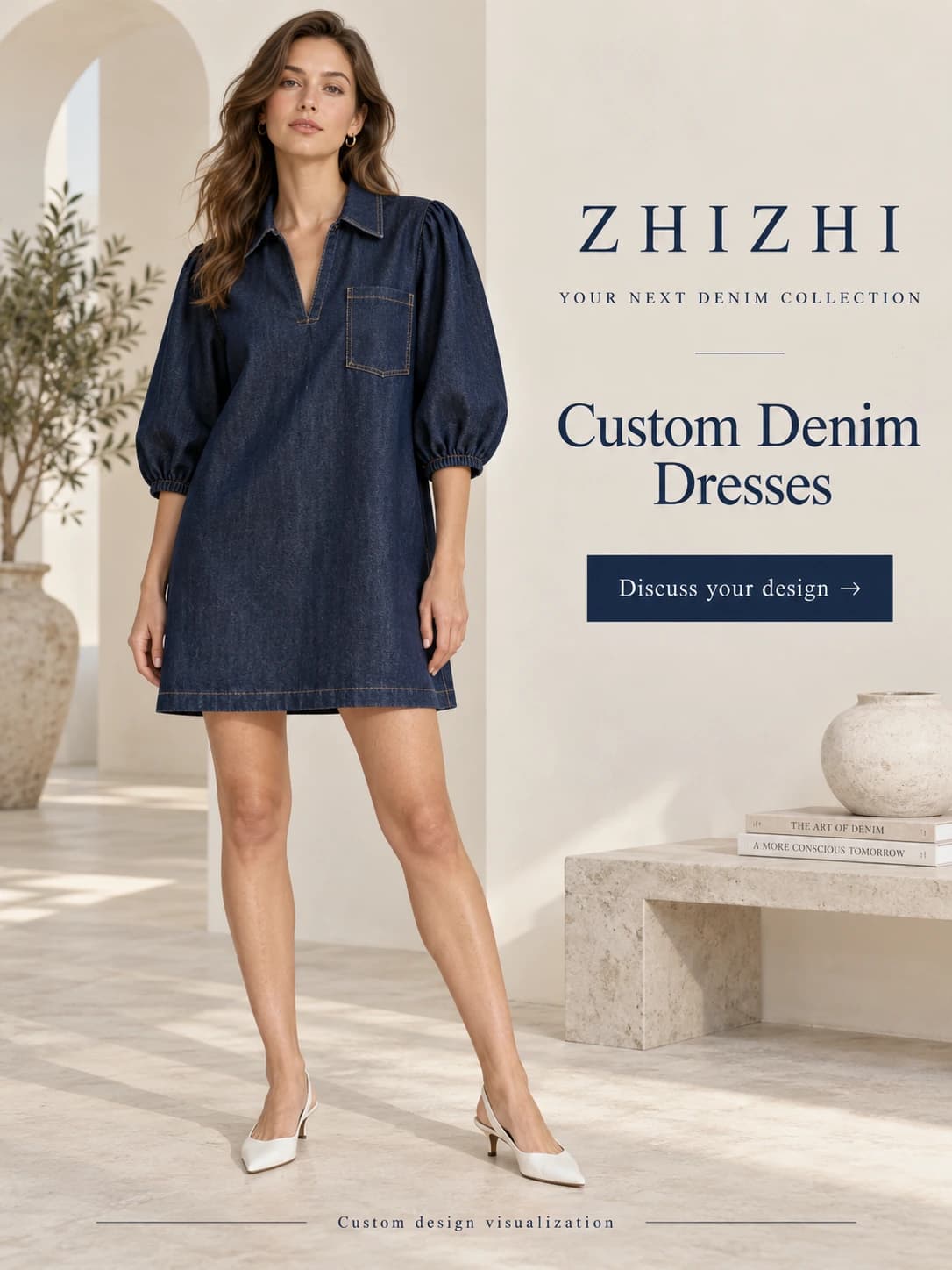 Développement sur mesure de robe en denim indigo à manches bouffantes · AI custom design visualization