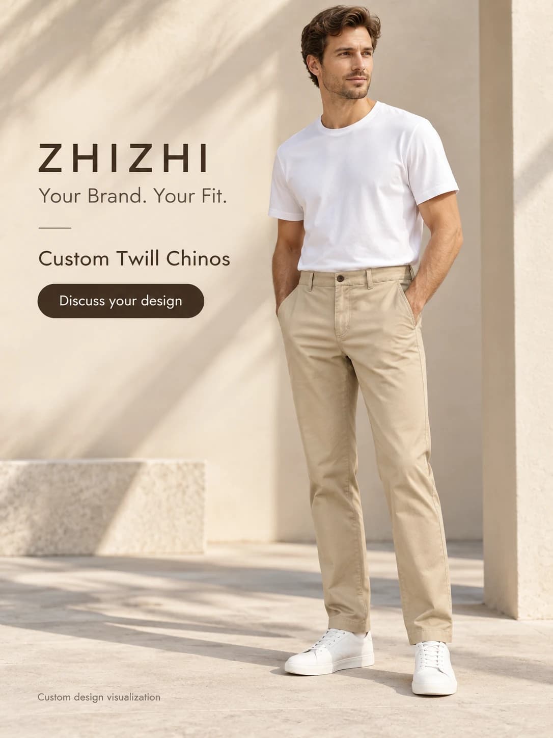 Développement de chinos homme en sergé kaki personnalisés · AI custom design visualization