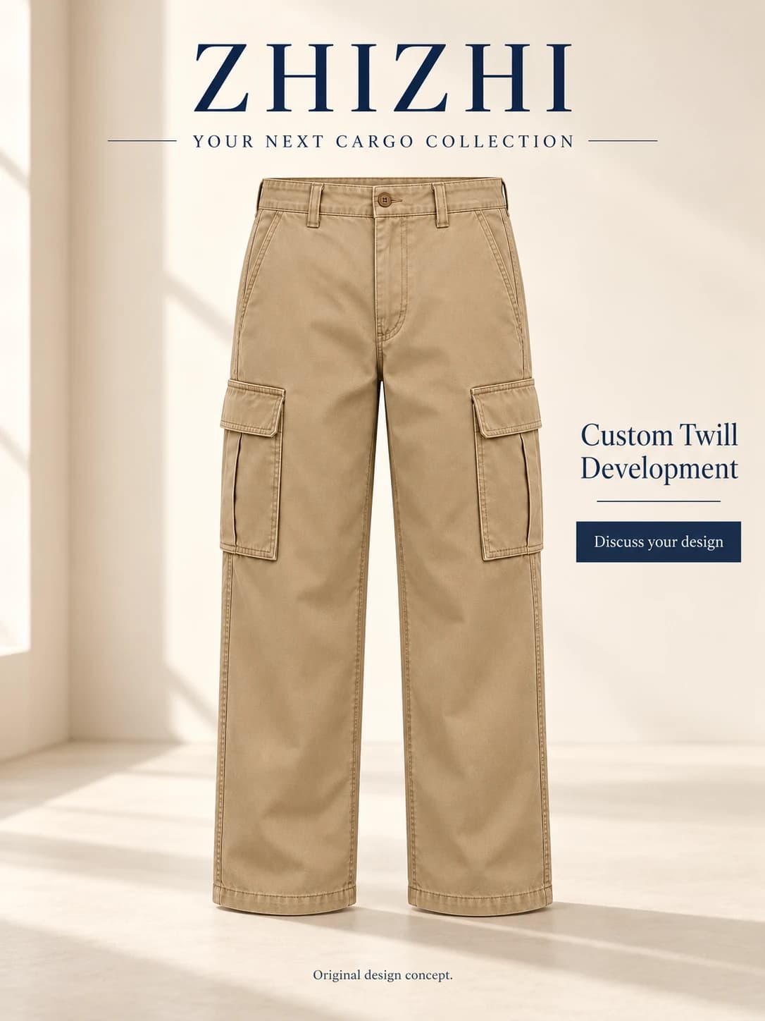Développement de pantalon cargo unisexe kaki en sergé · AI custom design visualization