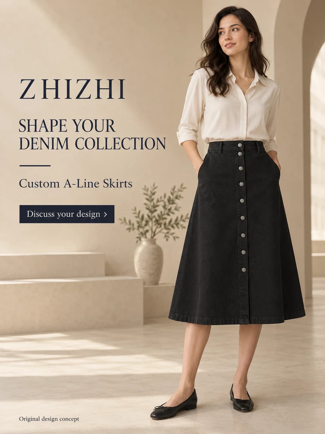 Women’s Black Button-Front A-Line Denim Midi Skirt Development · AI custom design visualization