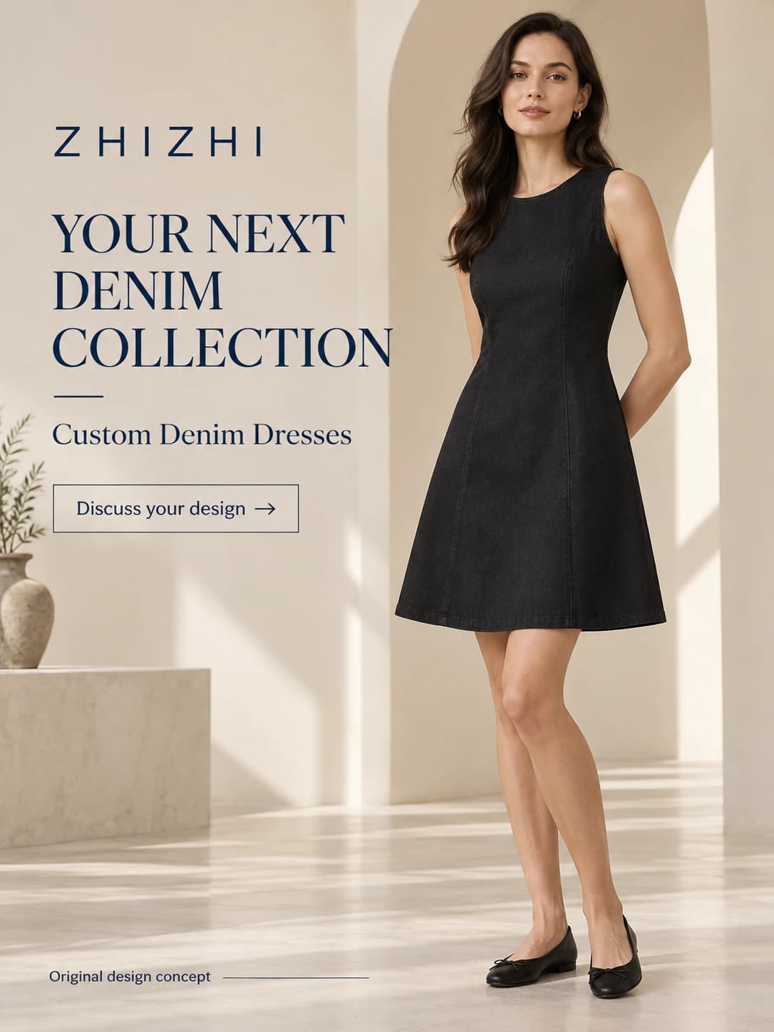 Développement de robe denim noire sans manches femme · AI custom design visualization