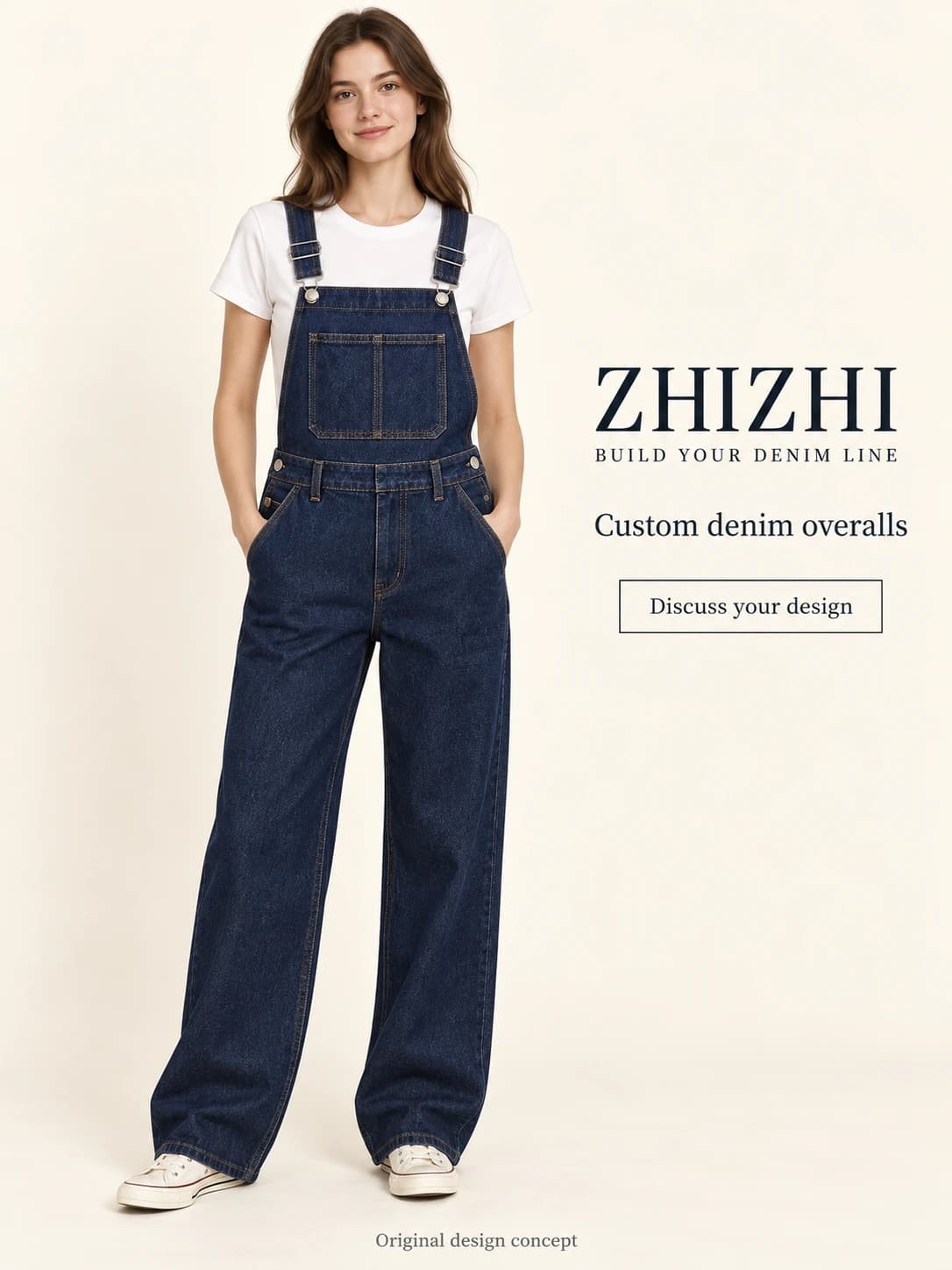Salopette femme indigo foncé à jambes larges sur mesure · AI custom design visualization