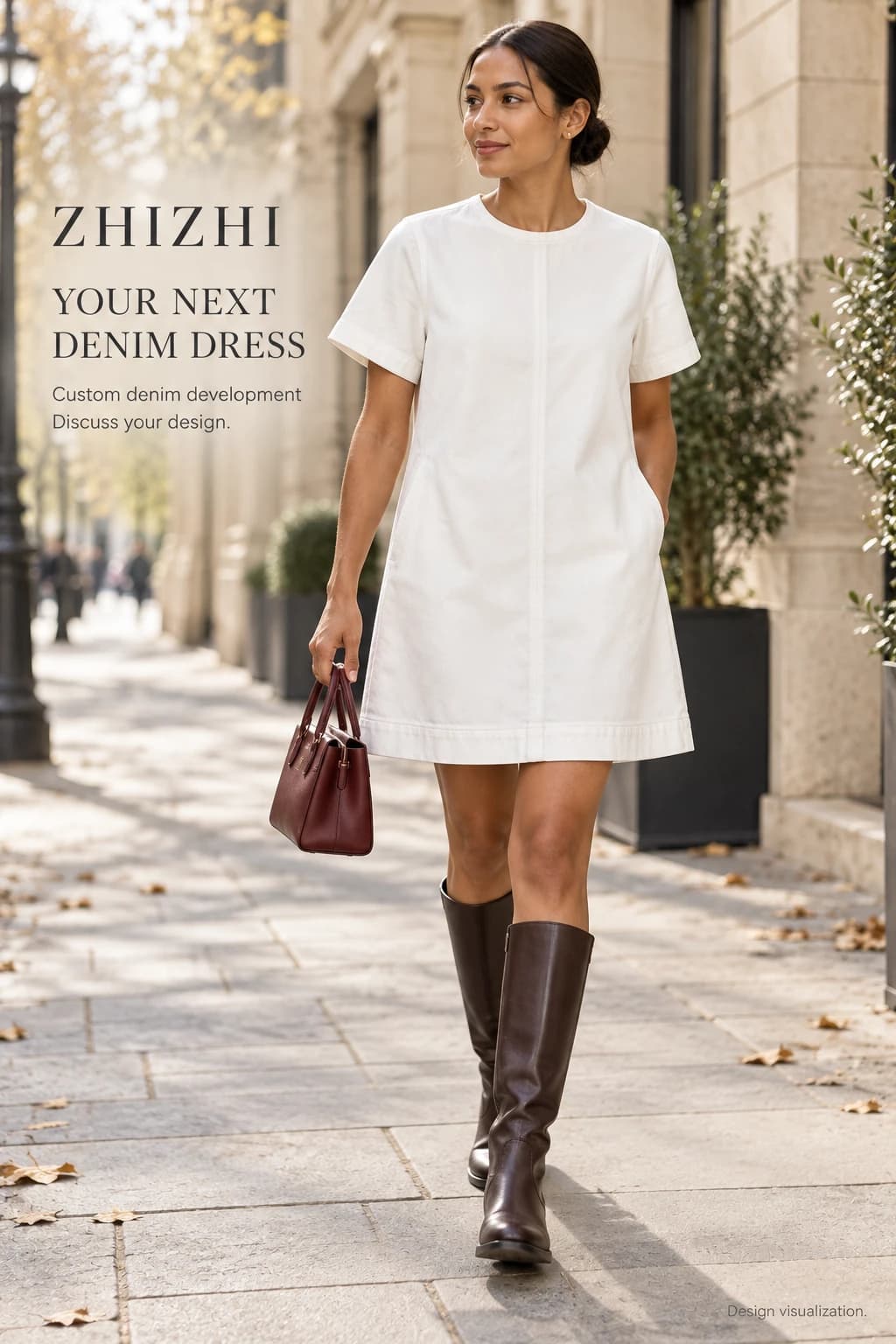 Robe denim blanche femme à manches courtes sur mesure · AI custom design visualization