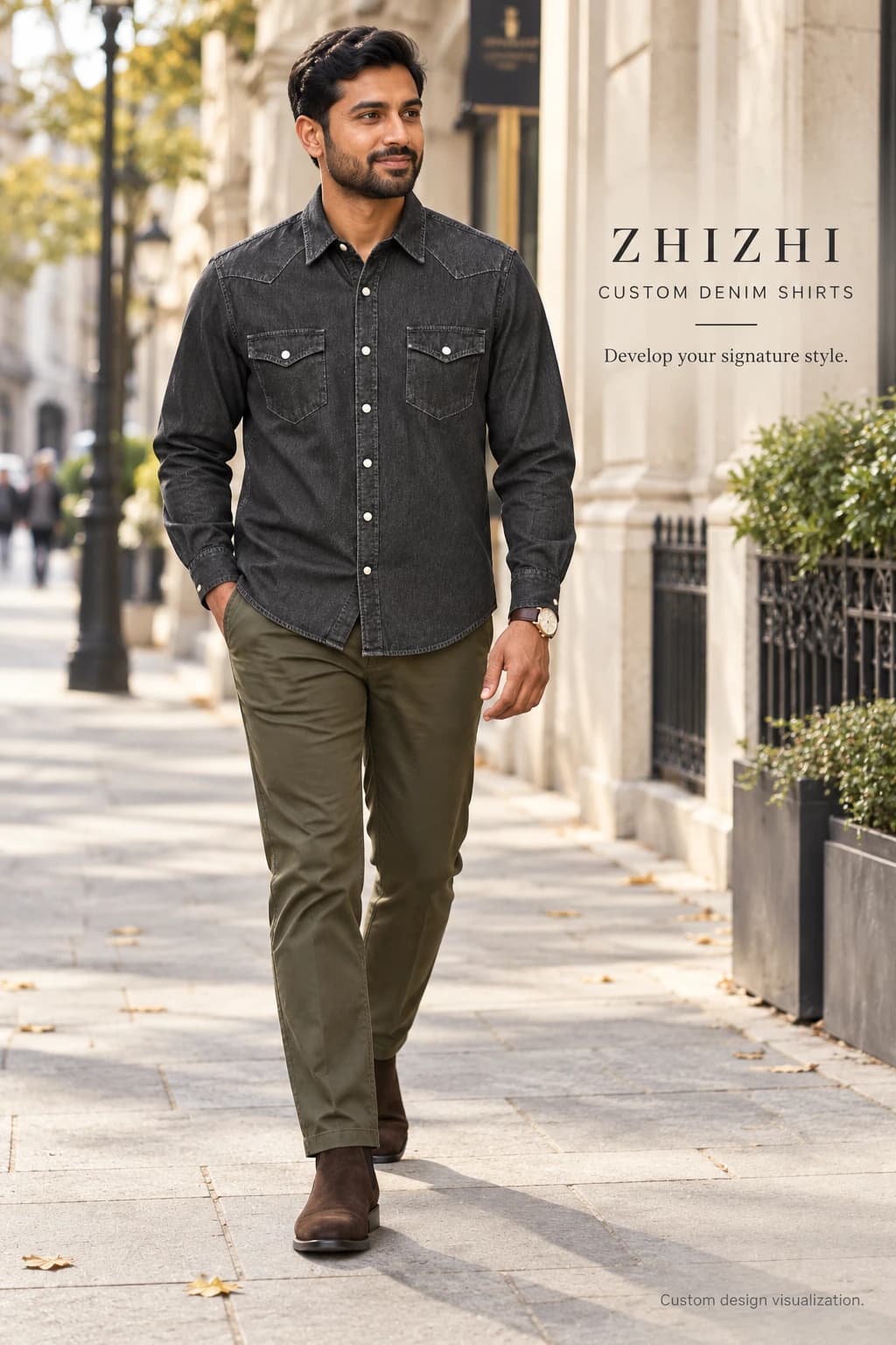 Men's charcoal western snap denim shirt design visualization — street-front — original design concept